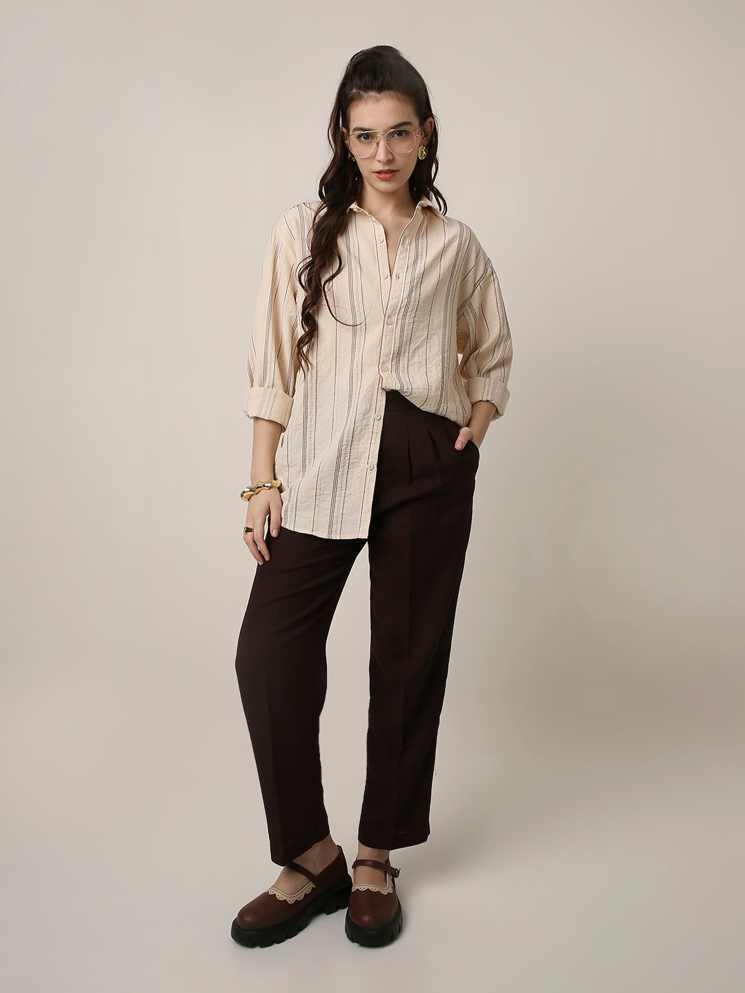 Cream Textured Stripe Oversized Shirt
