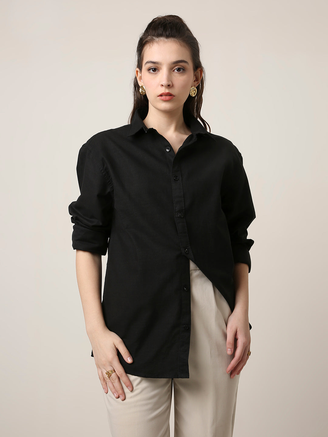 Black Solid Oversized Casual Shirt