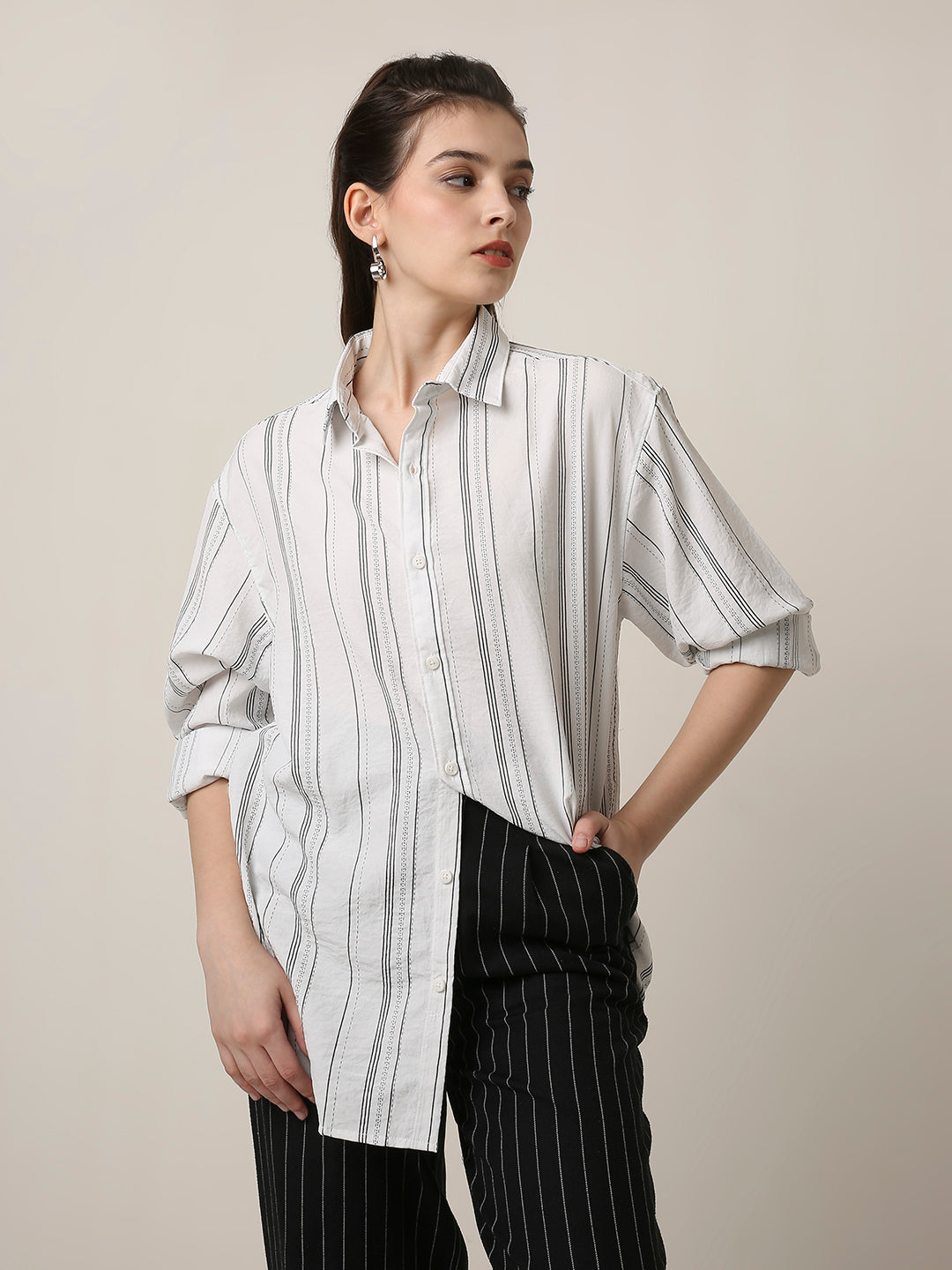 White Textured Stripe Oversized Shirt
