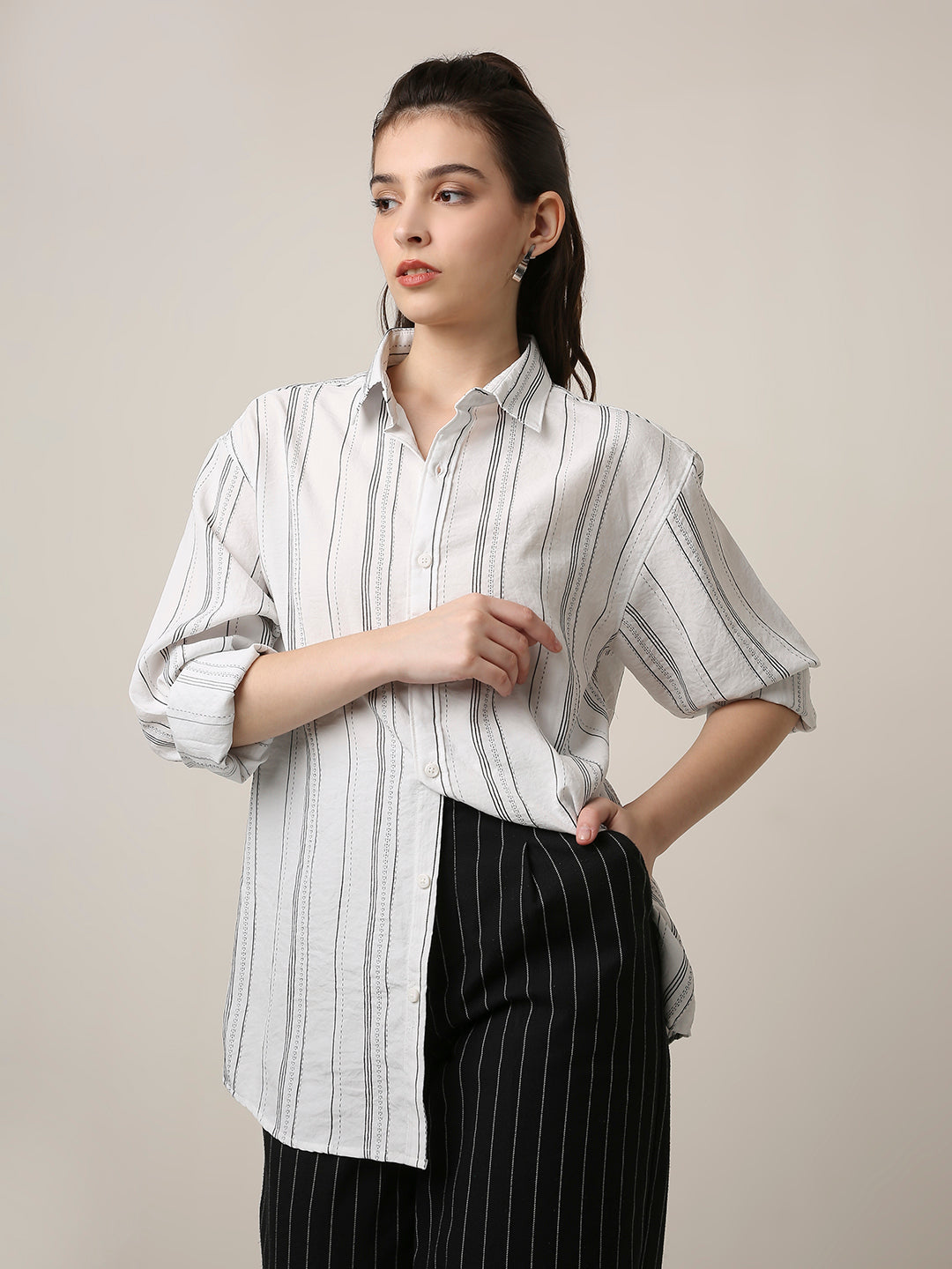 White Textured Stripe Oversized Shirt