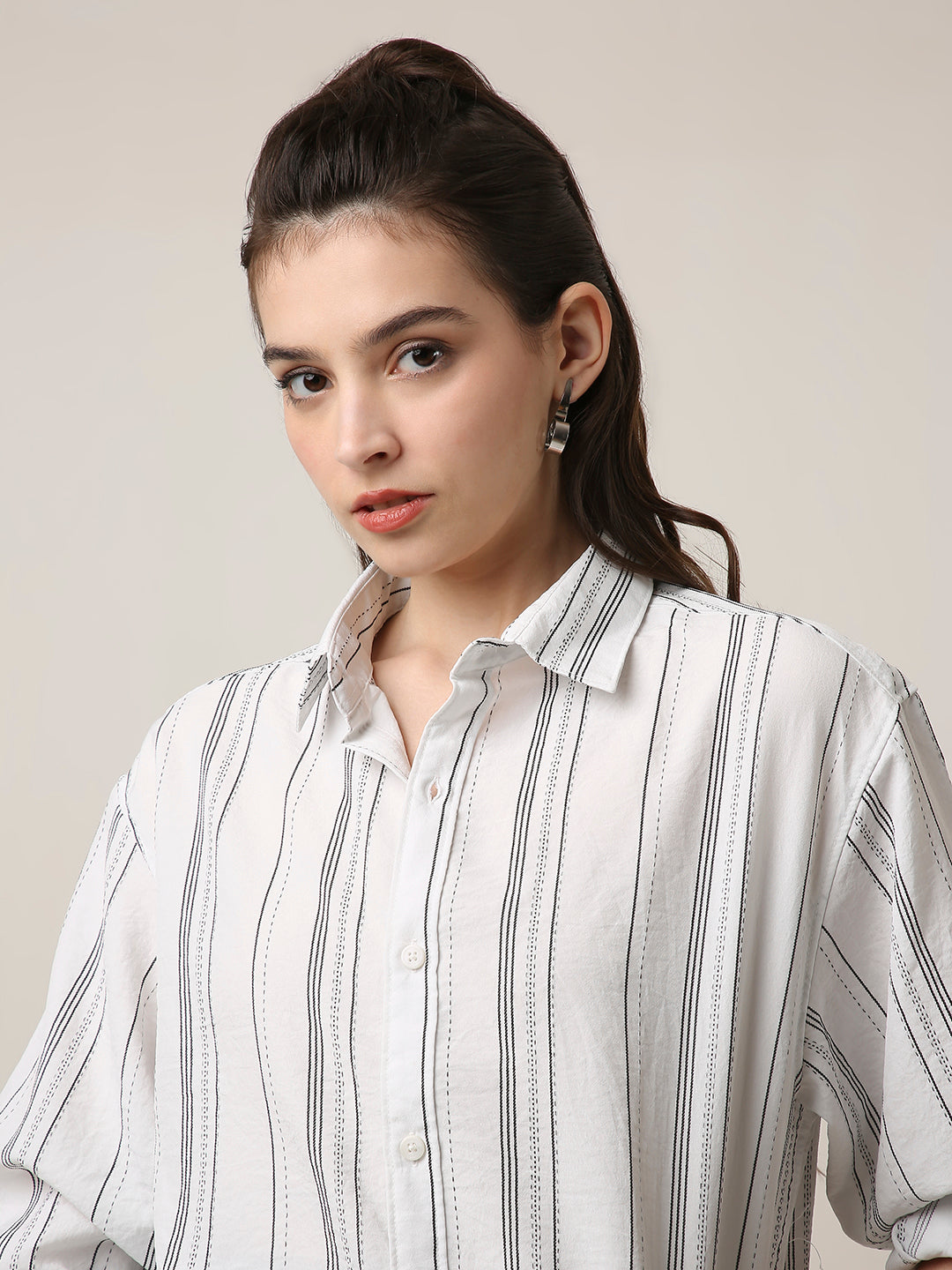 White Textured Stripe Oversized Shirt