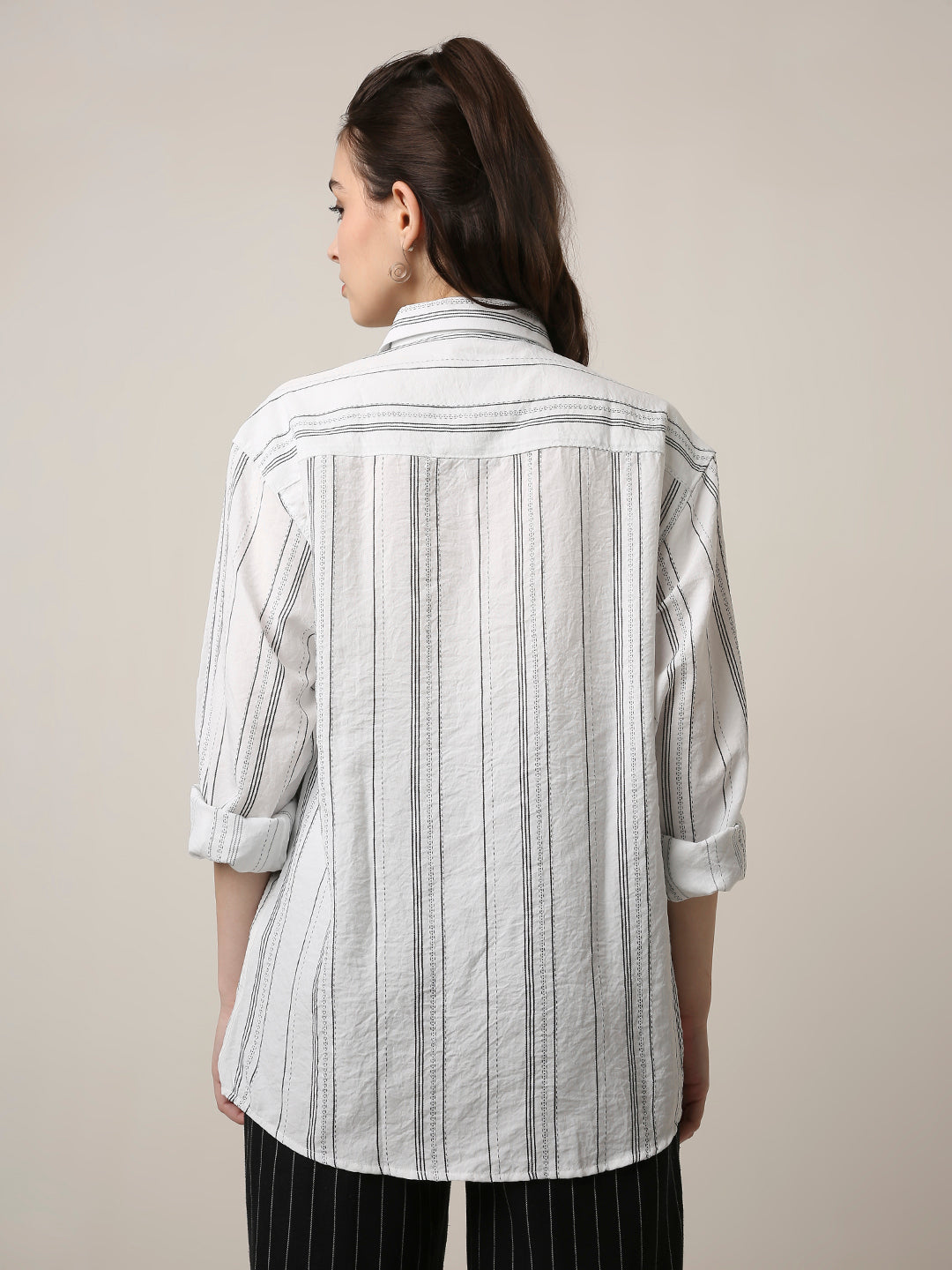 White Textured Stripe Oversized Shirt