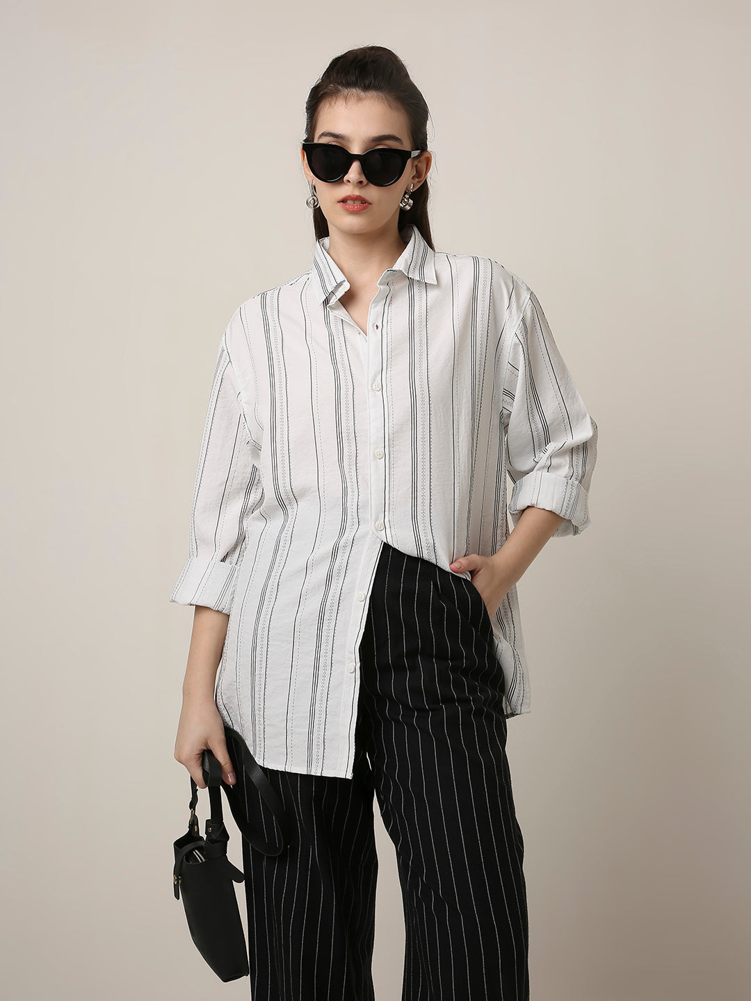 White Textured Stripe Oversized Shirt