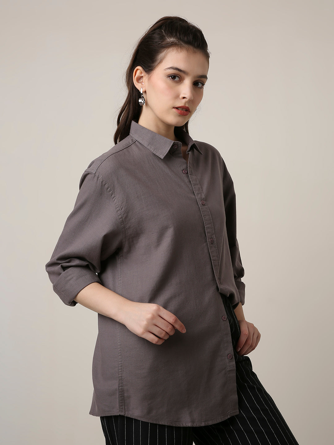 Grey Solid Oversized Casual Shirt