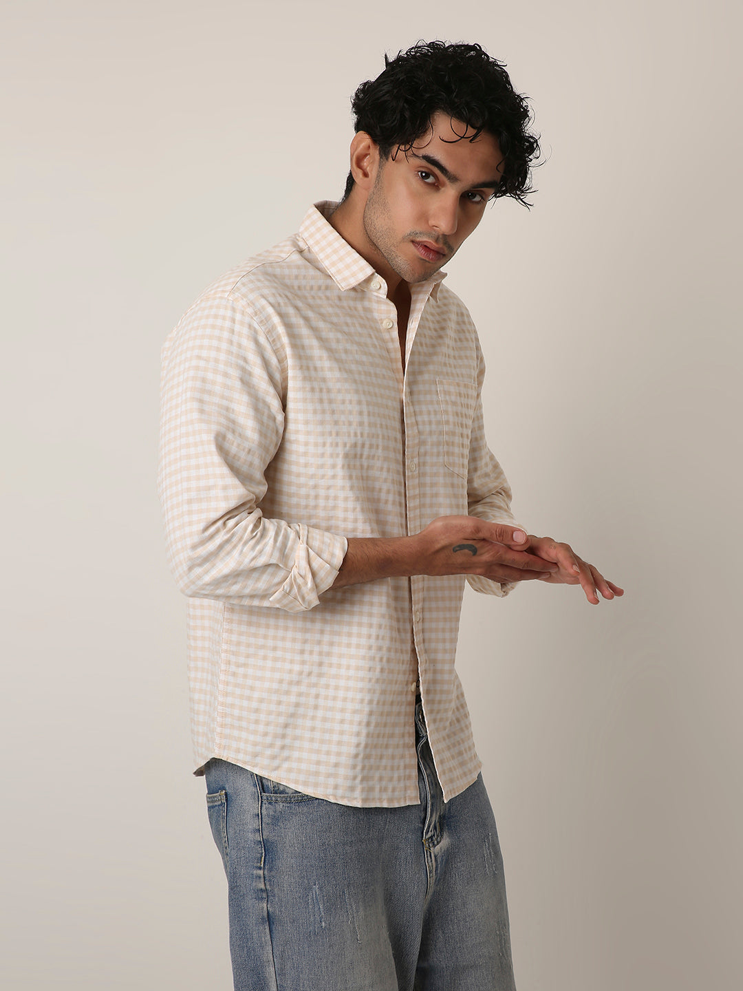 BEIGE OXFORD GINGHAM COTTON SHIRT