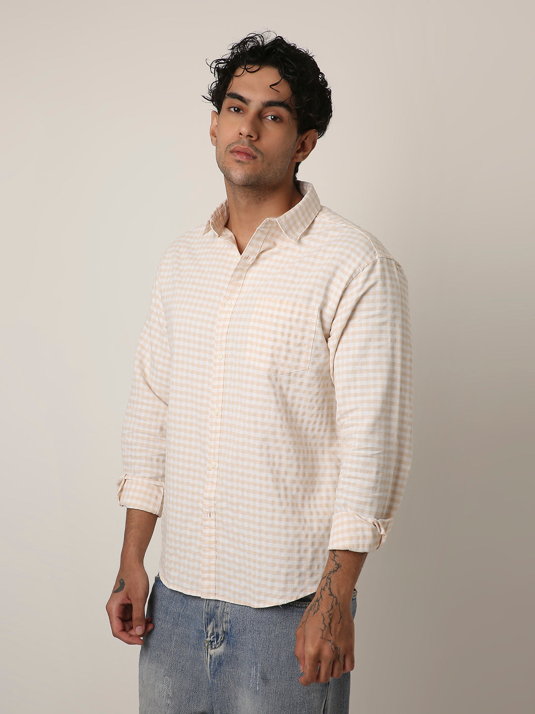 BEIGE OXFORD GINGHAM COTTON SHIRT