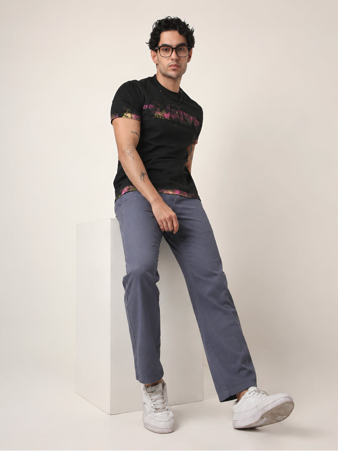Slate Blue Slim-Fit Casual Trousers