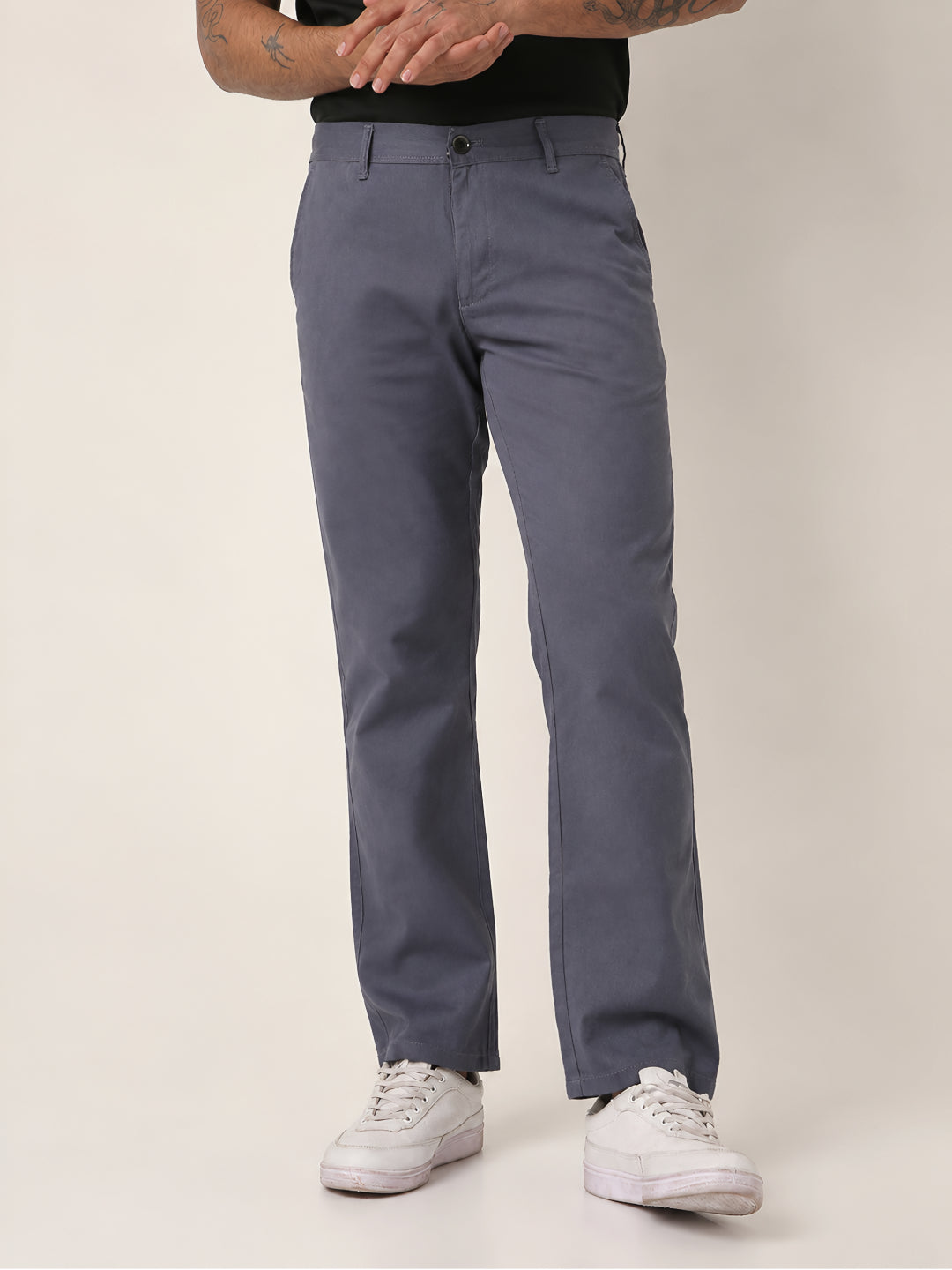 Slate Blue Slim-Fit Casual Trousers