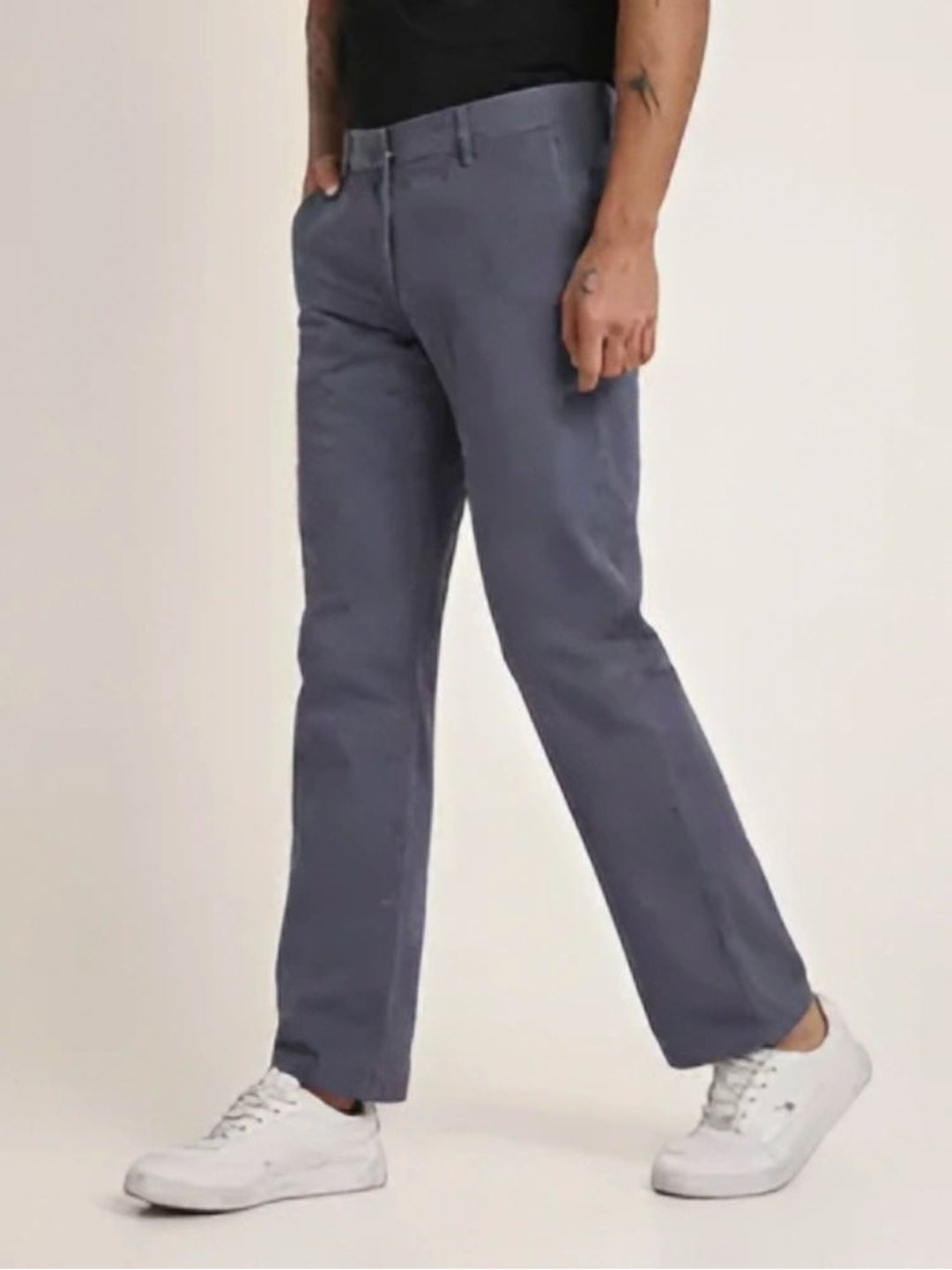 Slate Blue Slim-Fit Casual Trousers