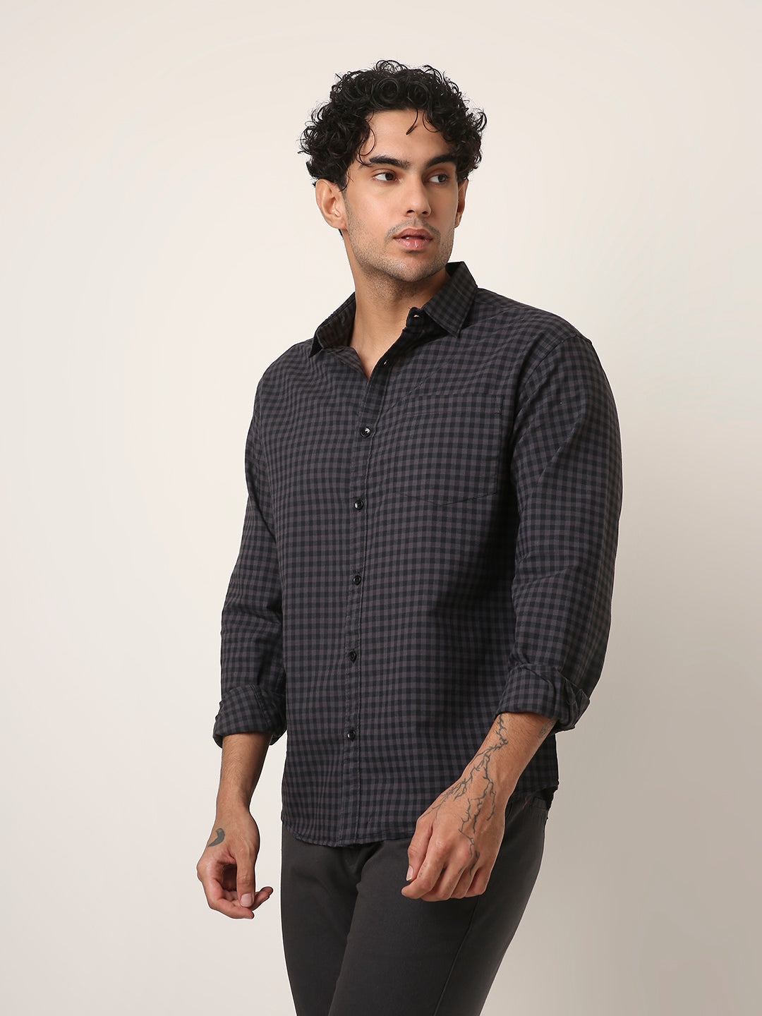 DARK GRAY OXFORD GINGHAM COTTON SHIRT