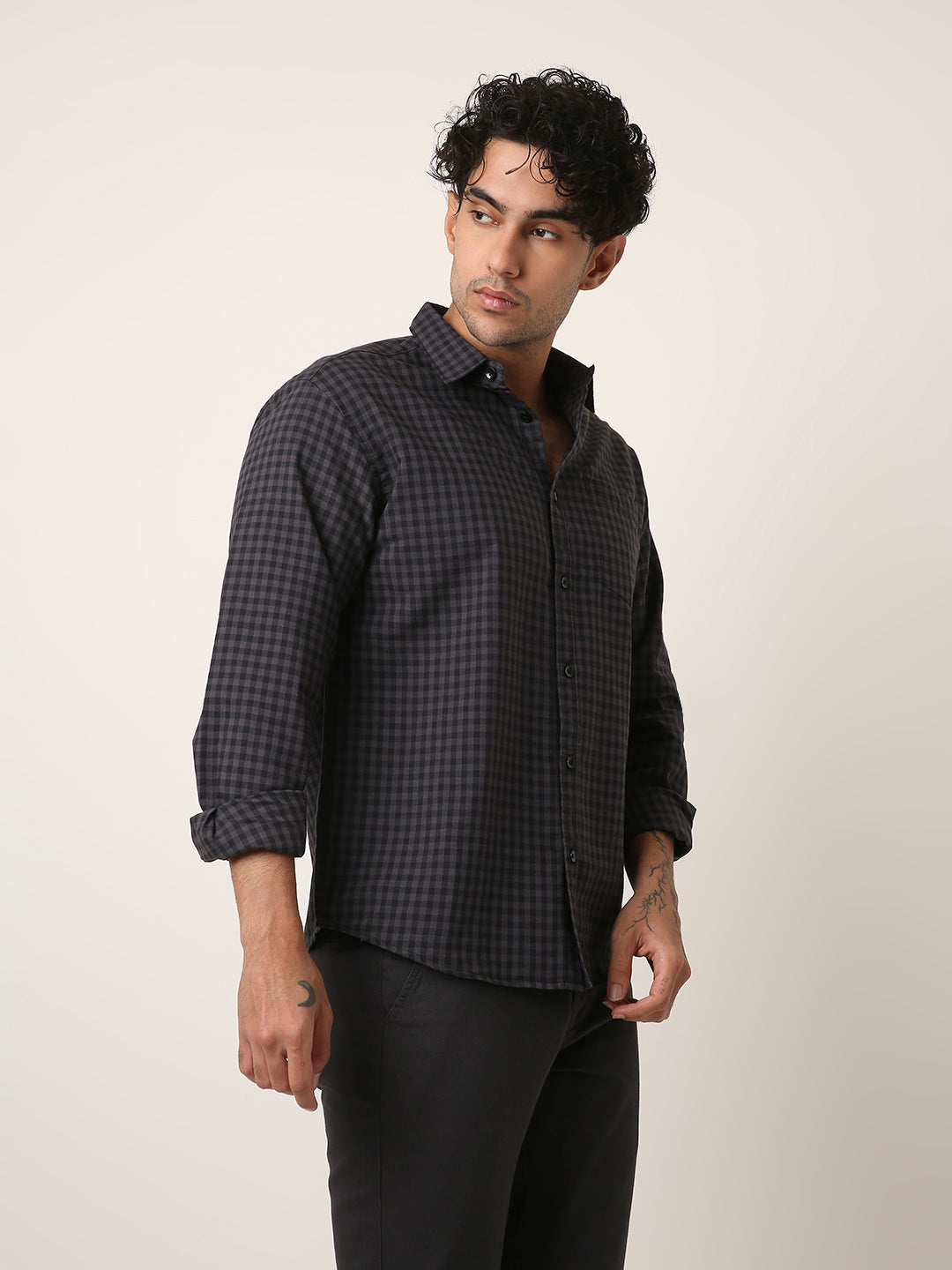 DARK GRAY OXFORD GINGHAM COTTON SHIRT