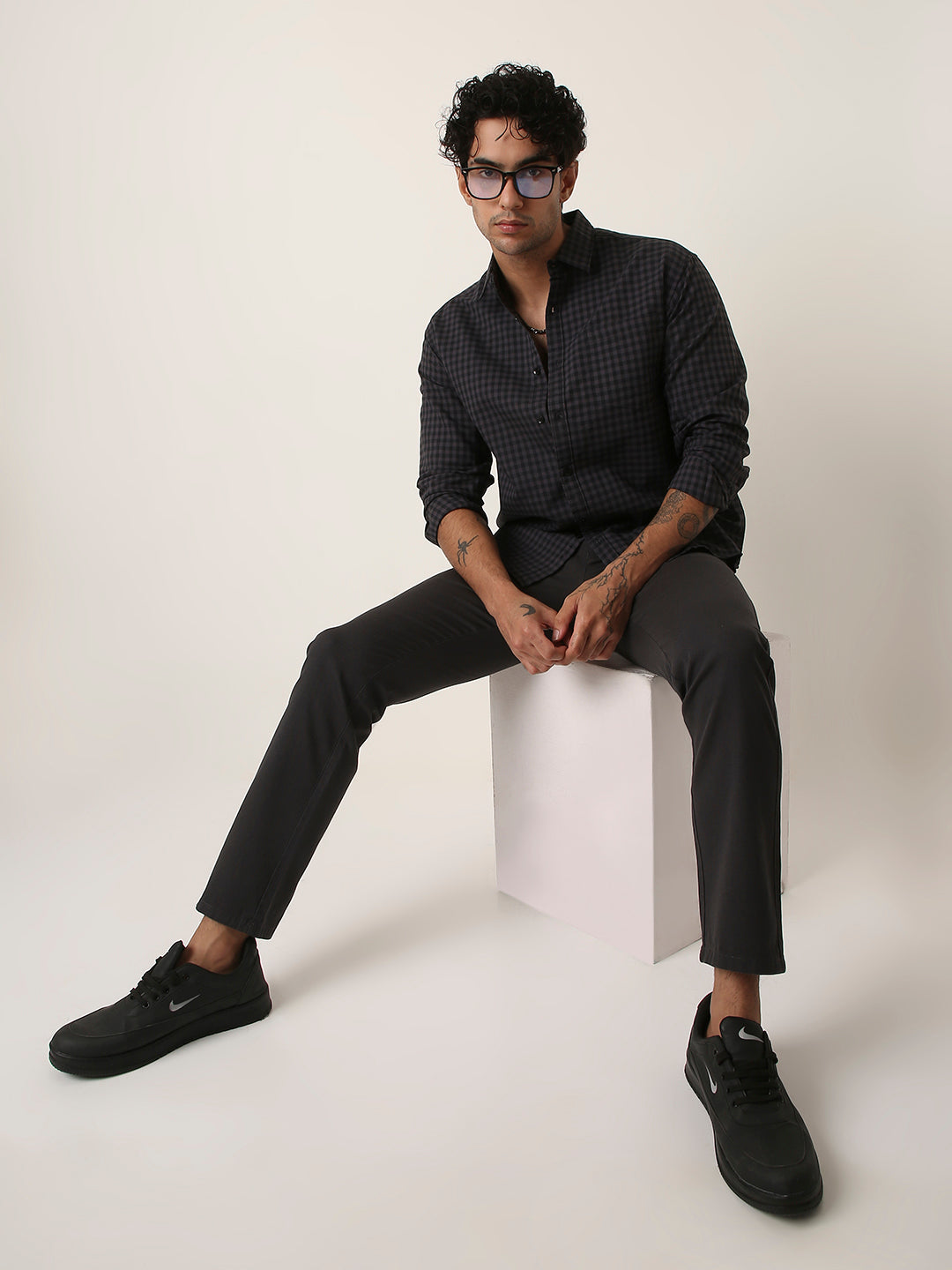 DARK GRAY OXFORD GINGHAM COTTON SHIRT