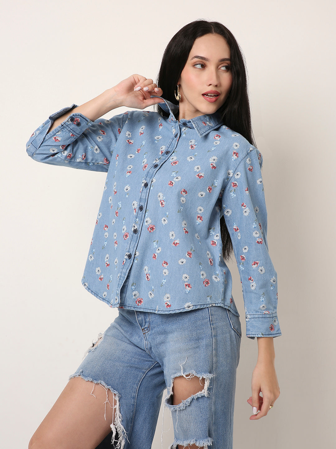 Floral Light-Wash Denim Shirt