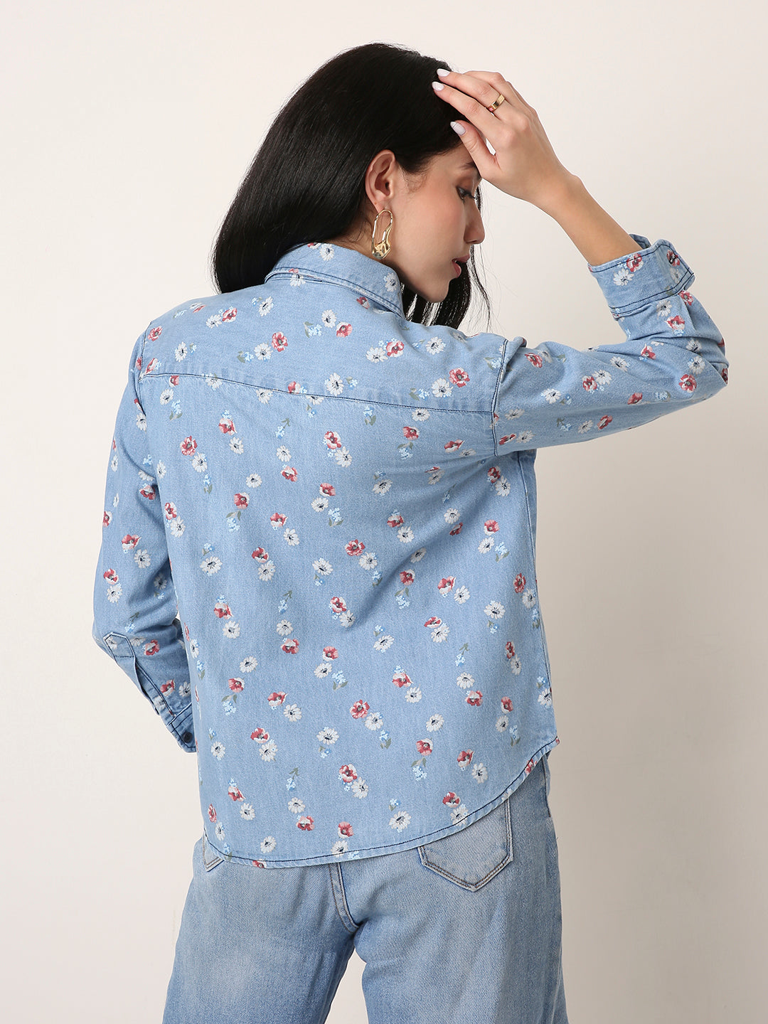 Floral Light-Wash Denim Shirt