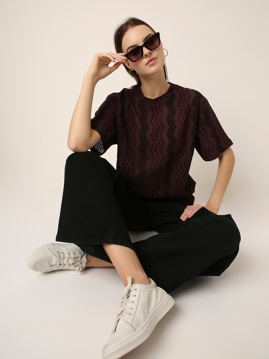 Burgundy PATTERNED CREW NECK BOYFRIEND T-SHIRT