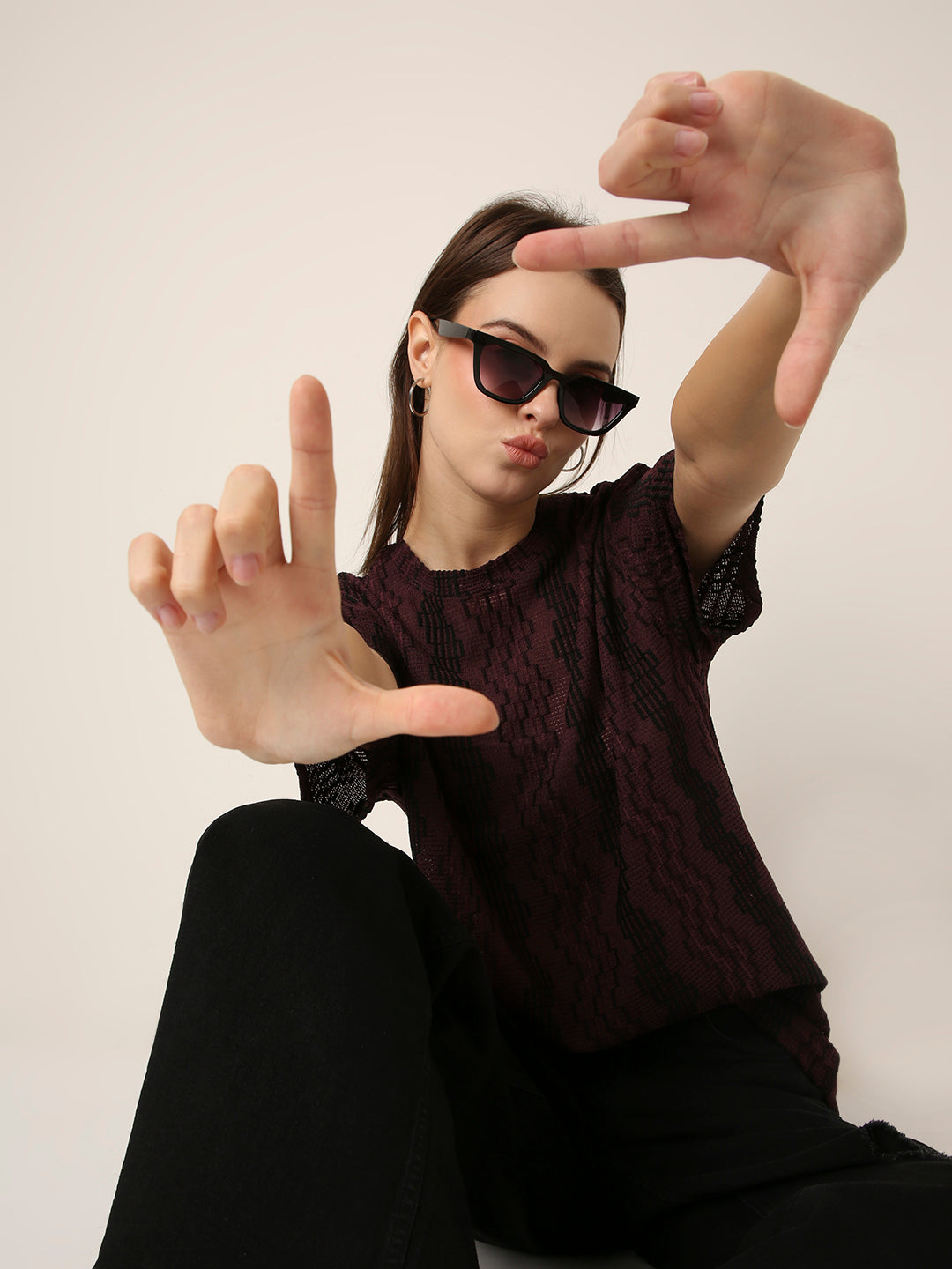 Burgundy PATTERNED CREW NECK BOYFRIEND T-SHIRT