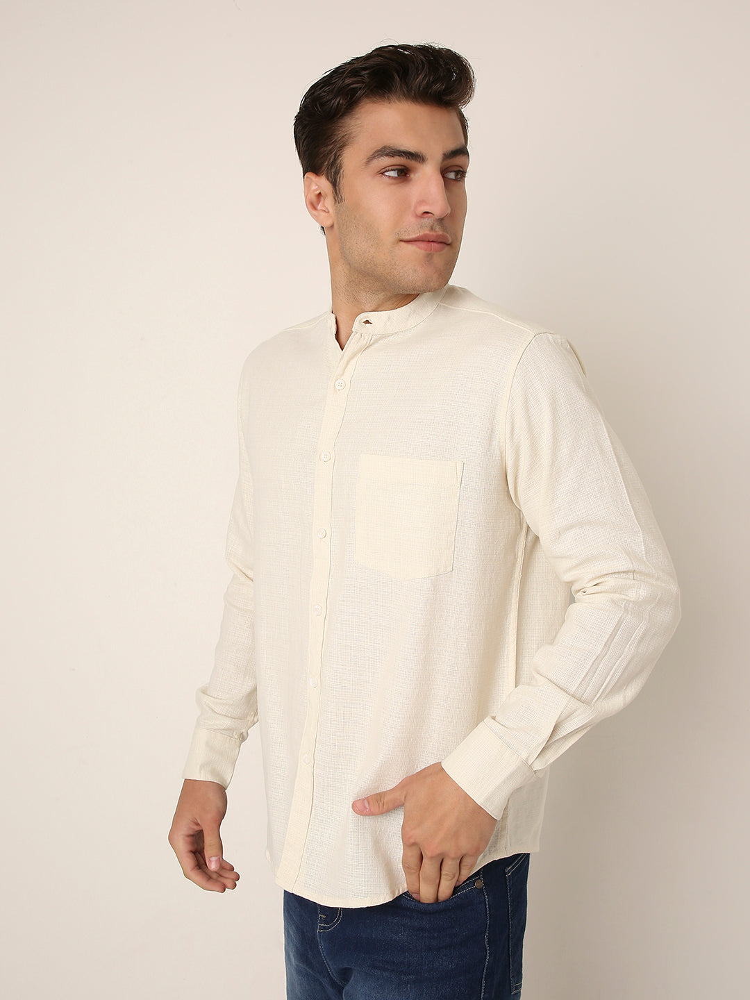 CREAM Premium Cotton Mandarin Collar Shirt