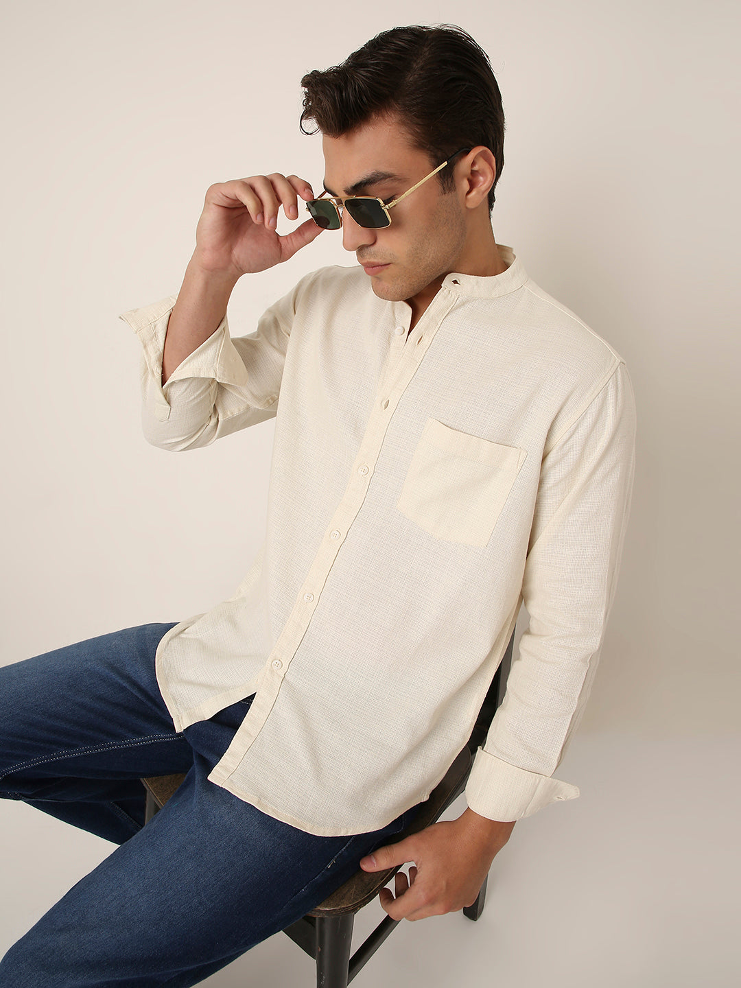CREAM Premium Cotton Mandarin Collar Shirt