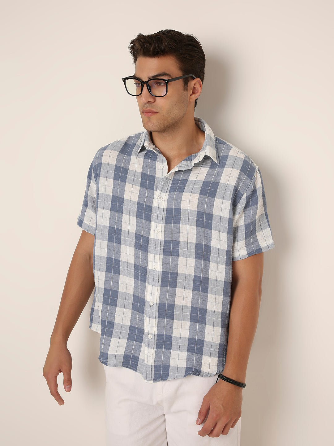 BLUE Checkered Short Sleeve Casual Shirt