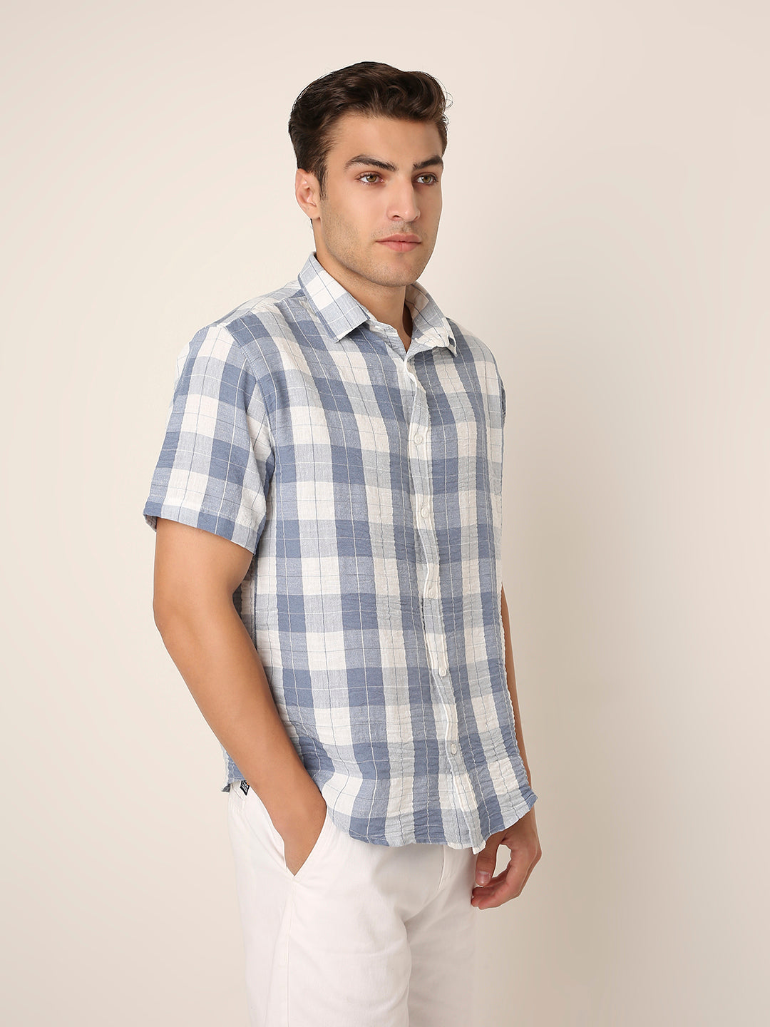 BLUE Checkered Short Sleeve Casual Shirt