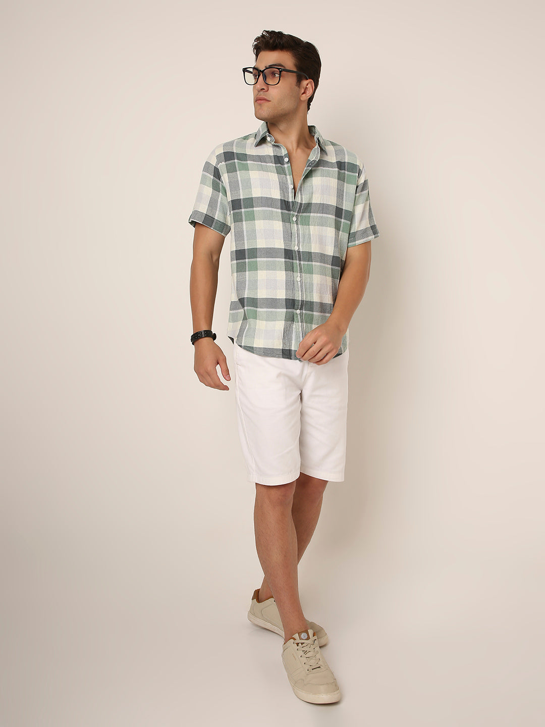 GREEN Textured Checkered Cotton Shirt