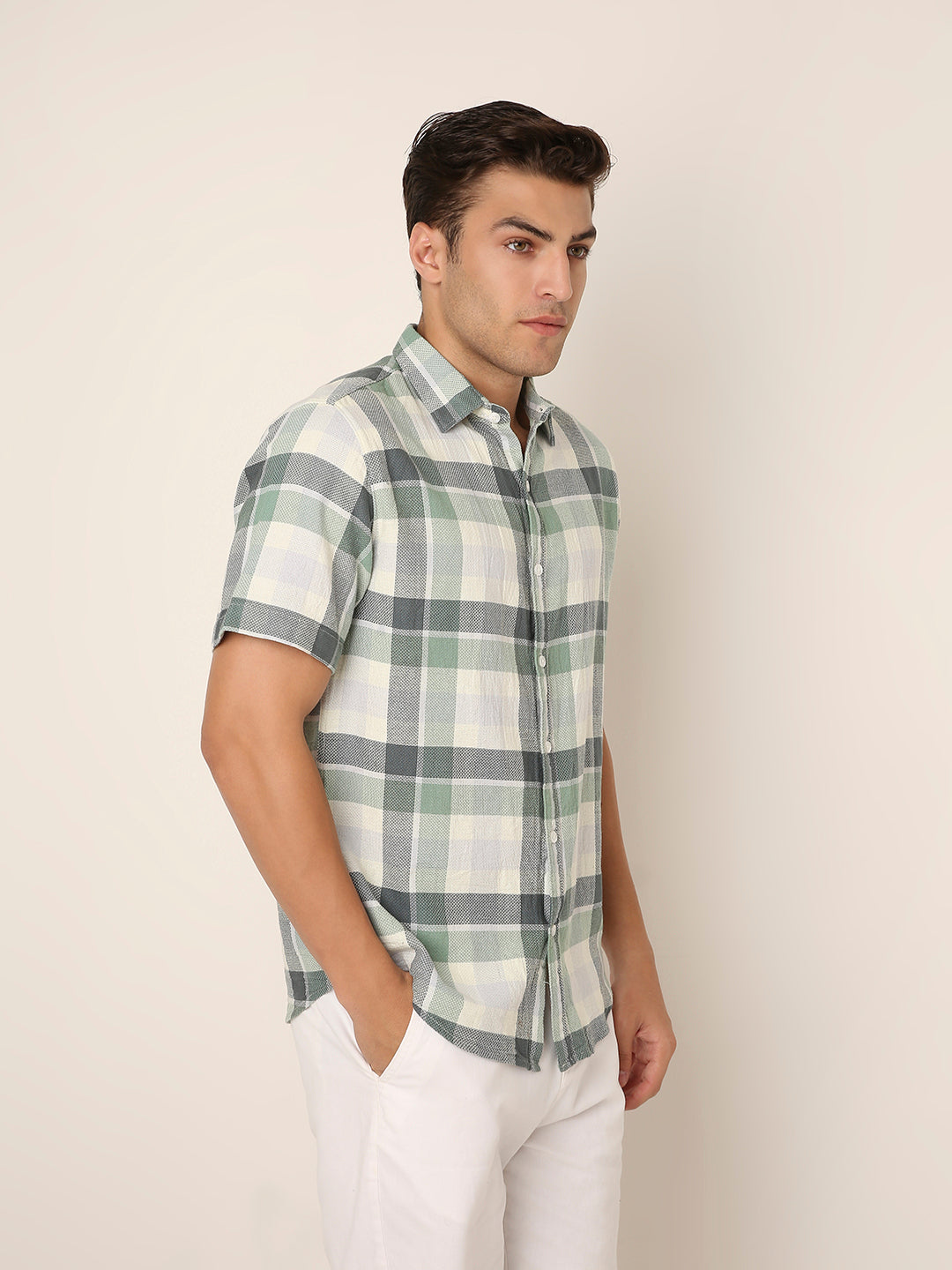 GREEN Textured Checkered Cotton Shirt