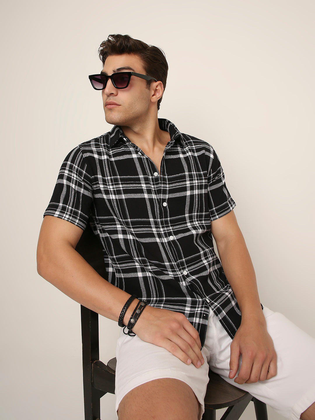 Black Textured Cotton Check Short Sleeve Shirt