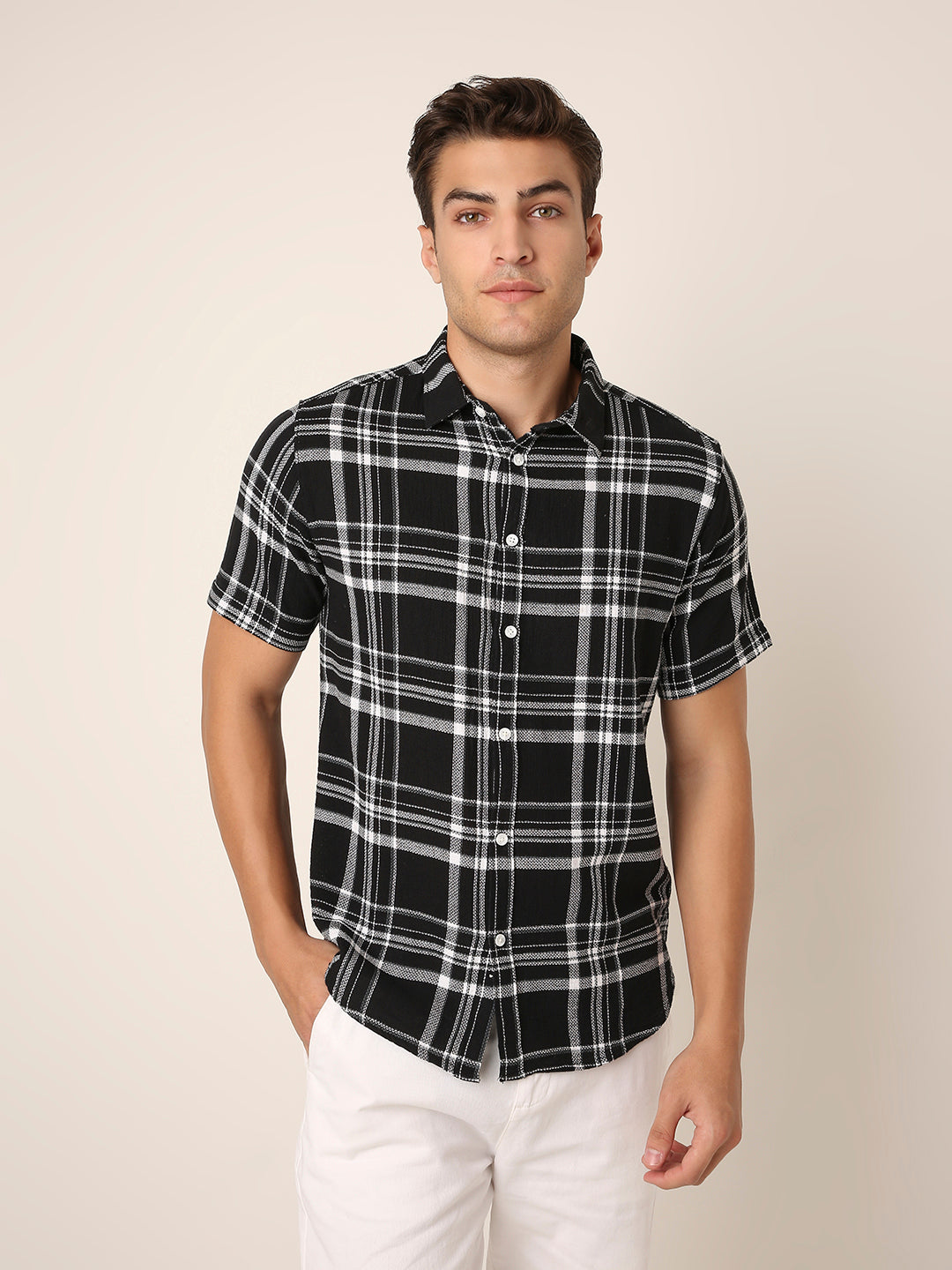 Black Textured Cotton Check Short Sleeve Shirt