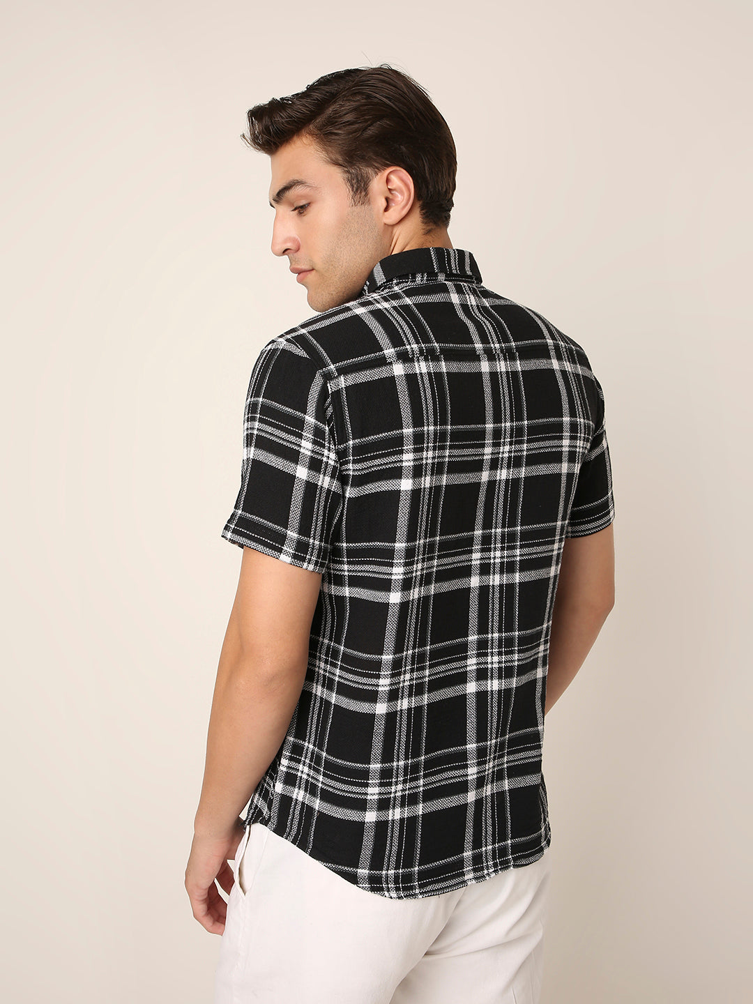 Black Textured Cotton Check Short Sleeve Shirt