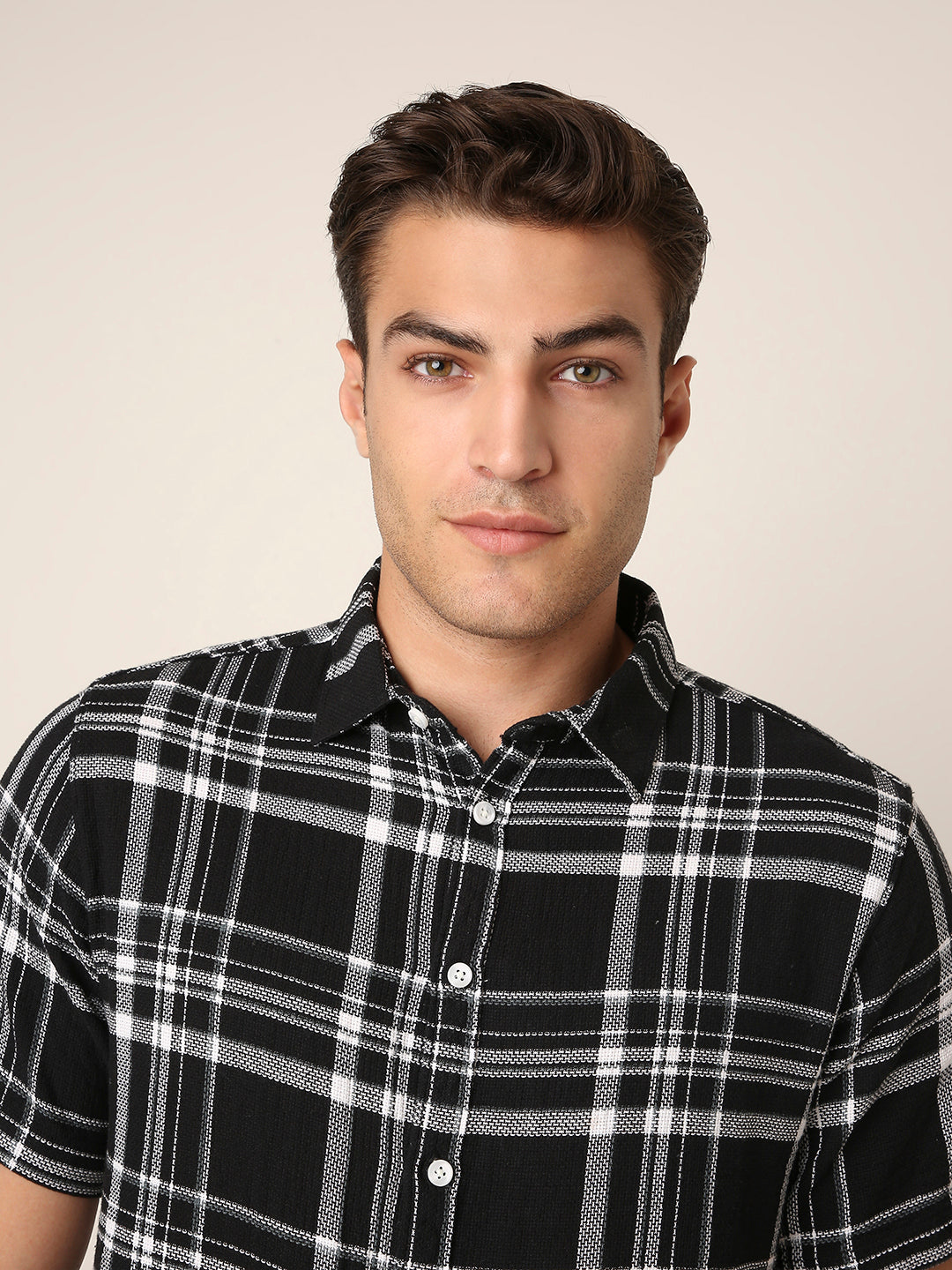 Black Textured Cotton Check Short Sleeve Shirt