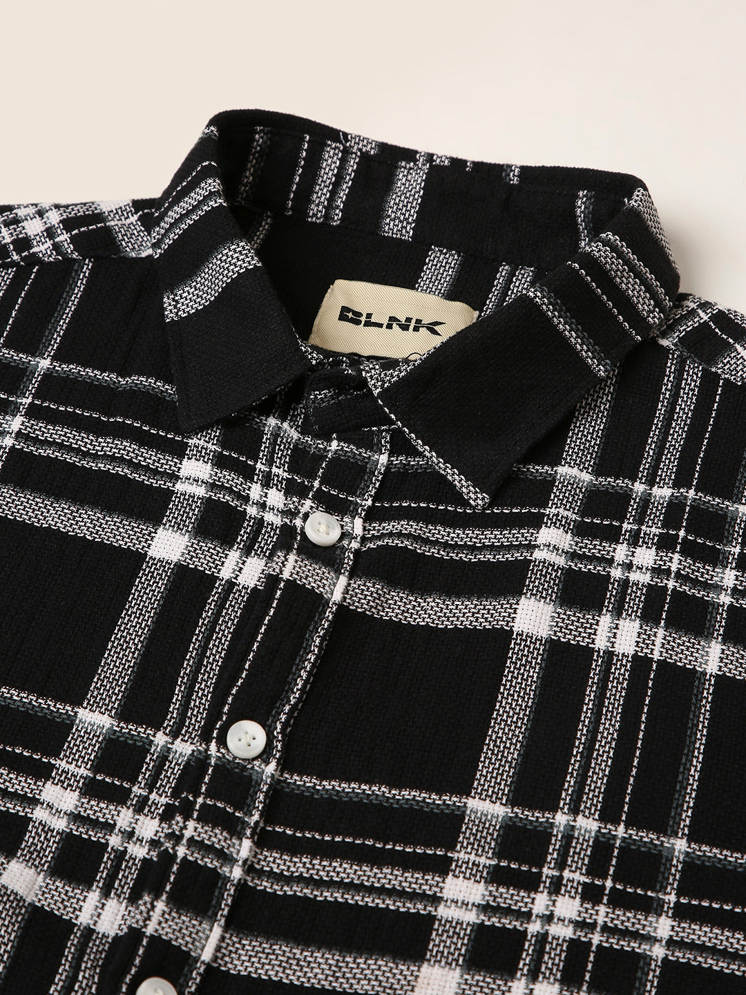 Black Textured Cotton Check Short Sleeve Shirt
