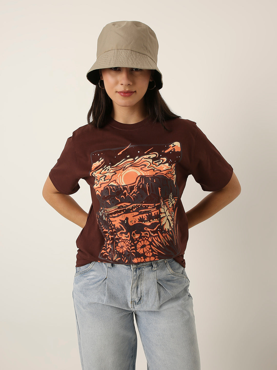 RELAXED FIT: BROWN PRINTED TSHIRT