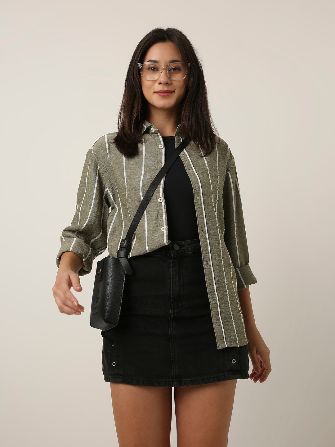 Olive Green Vertical Striped Shirt