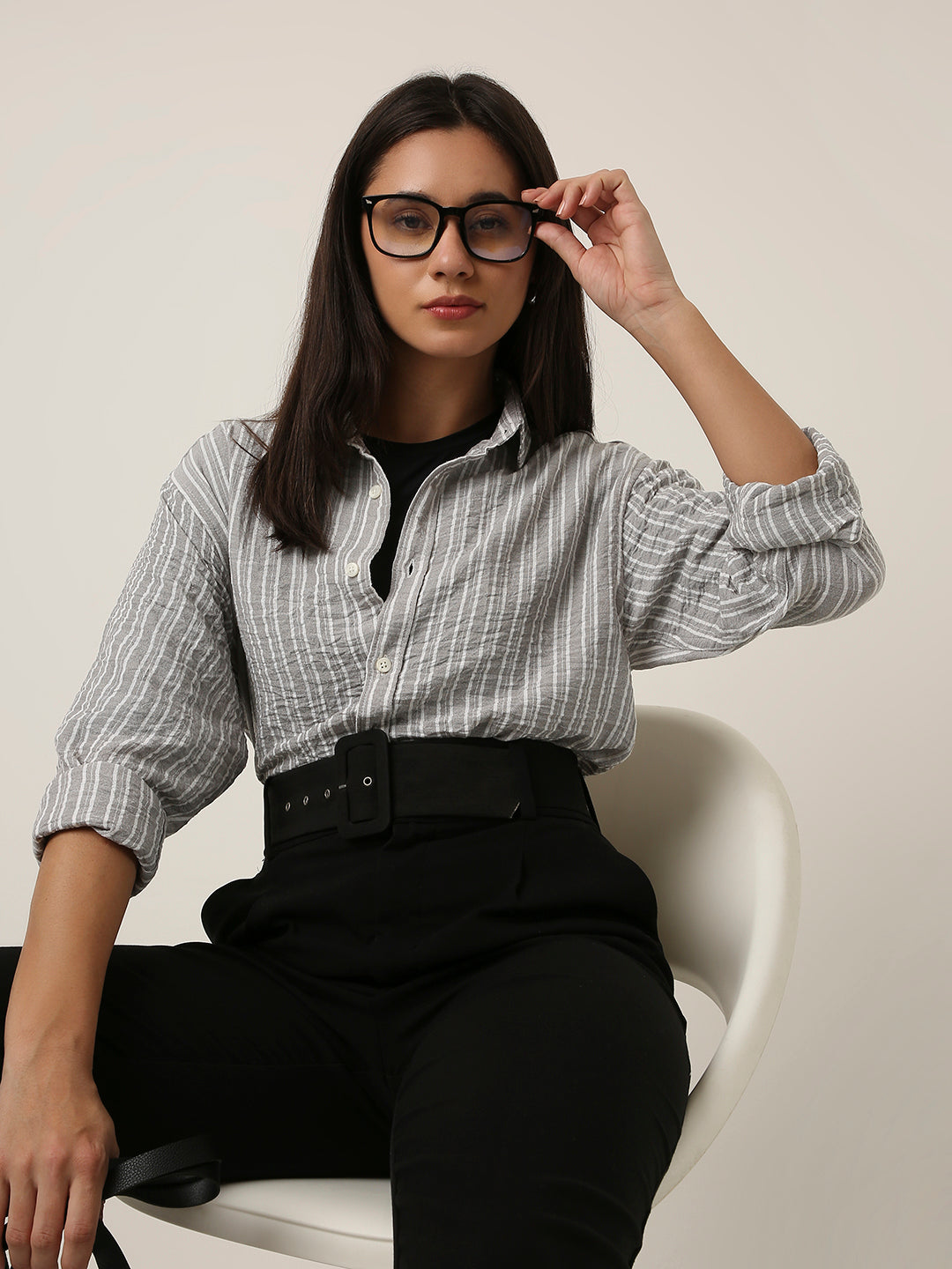 Grey Striped Classic Collar Shirt