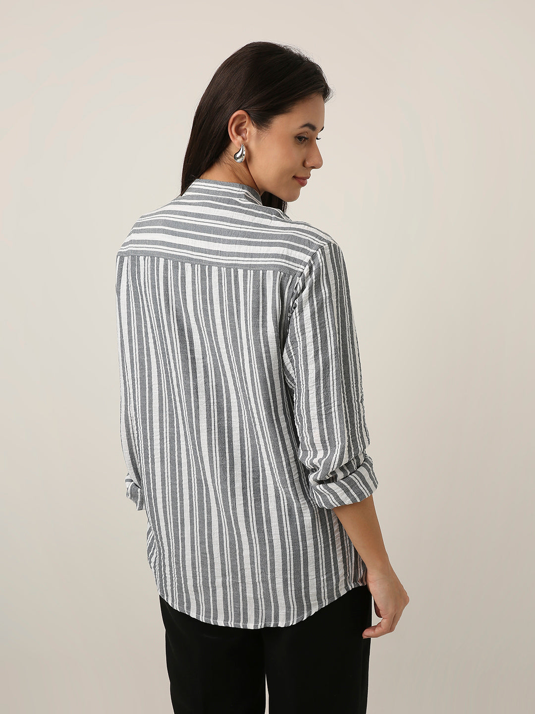 Grey Striped Mandarin Collar Shirt