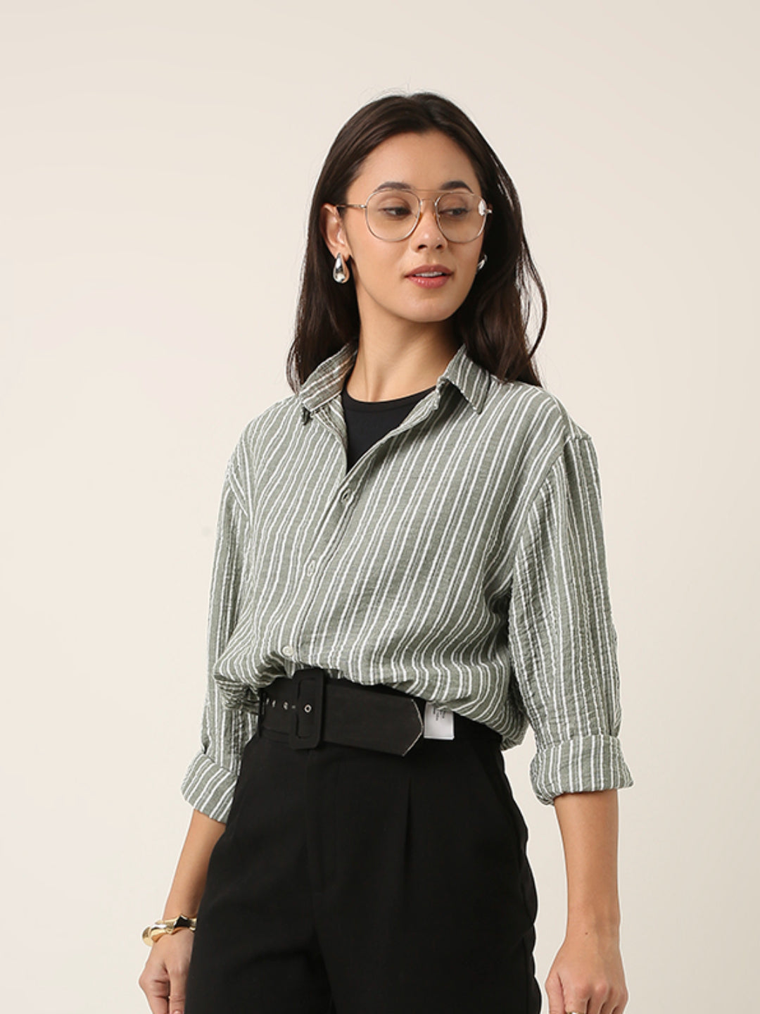 Green Striped Classic Collar Shirt