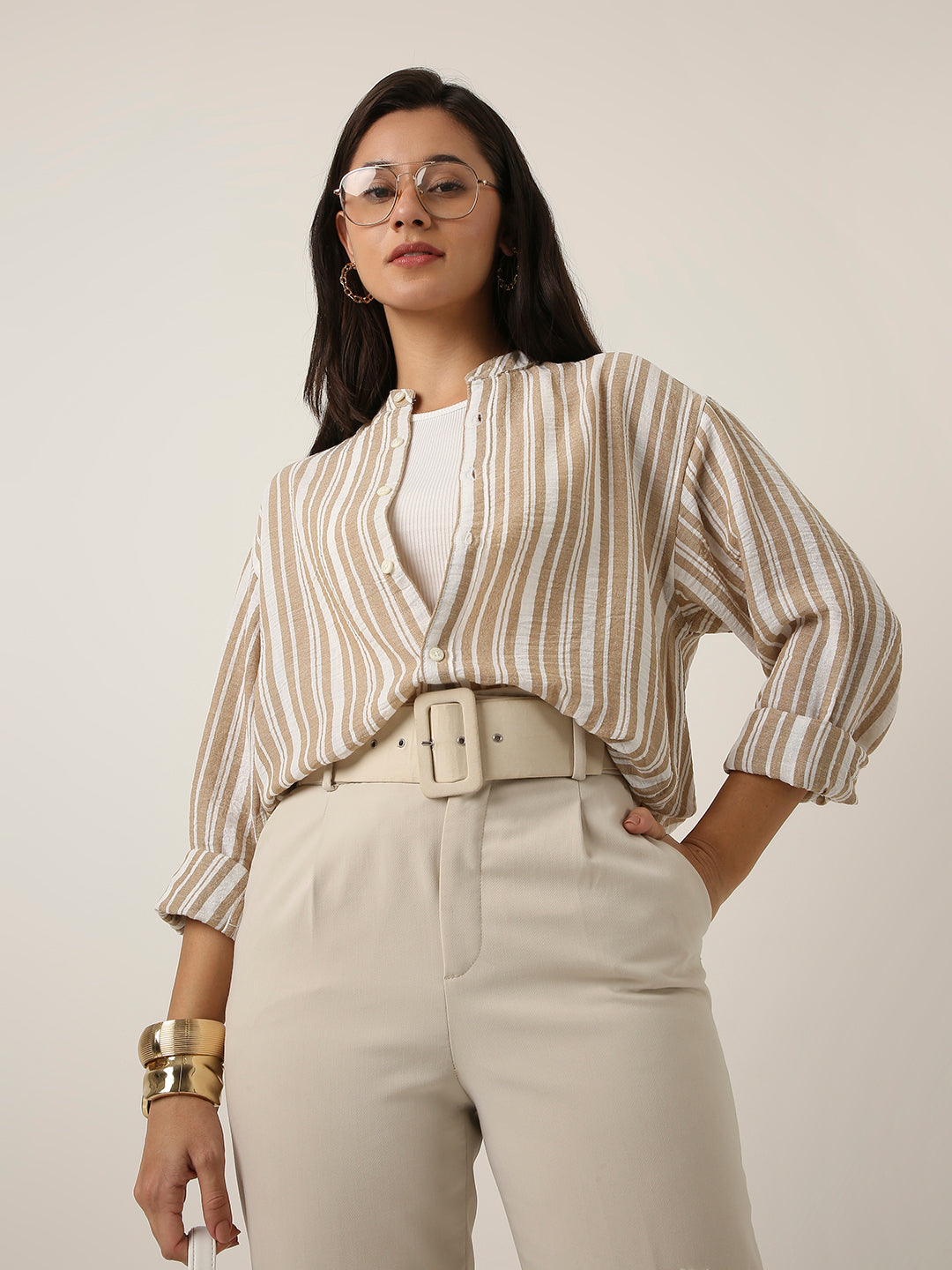 Fawn Striped Mandarin Collar Shirt