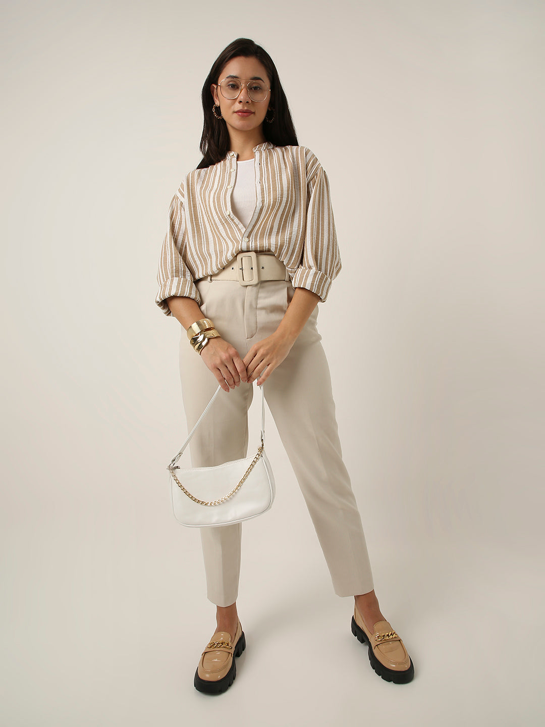 Fawn Striped Mandarin Collar Shirt