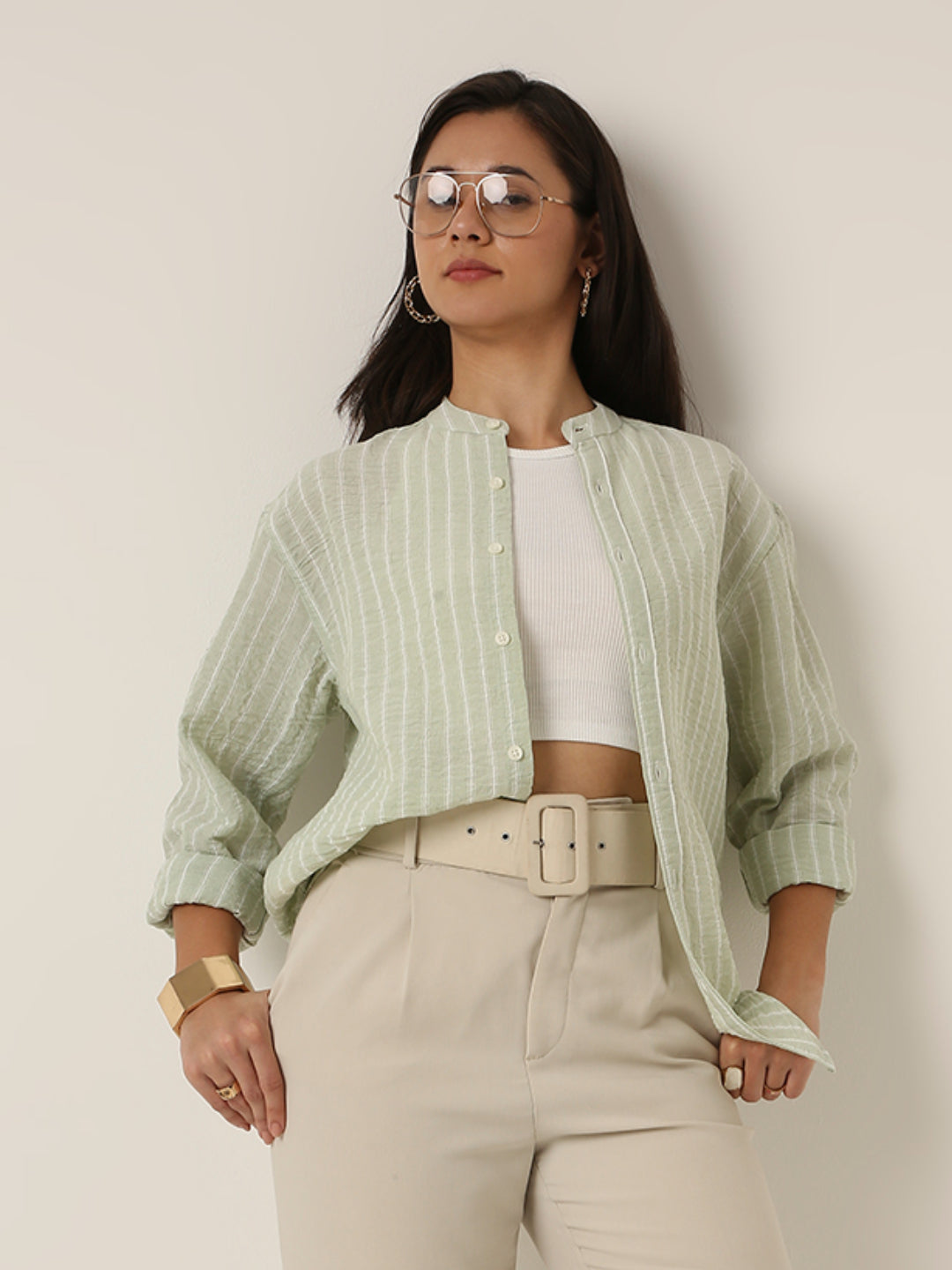 Green Striped Mandarin Collar Shirt