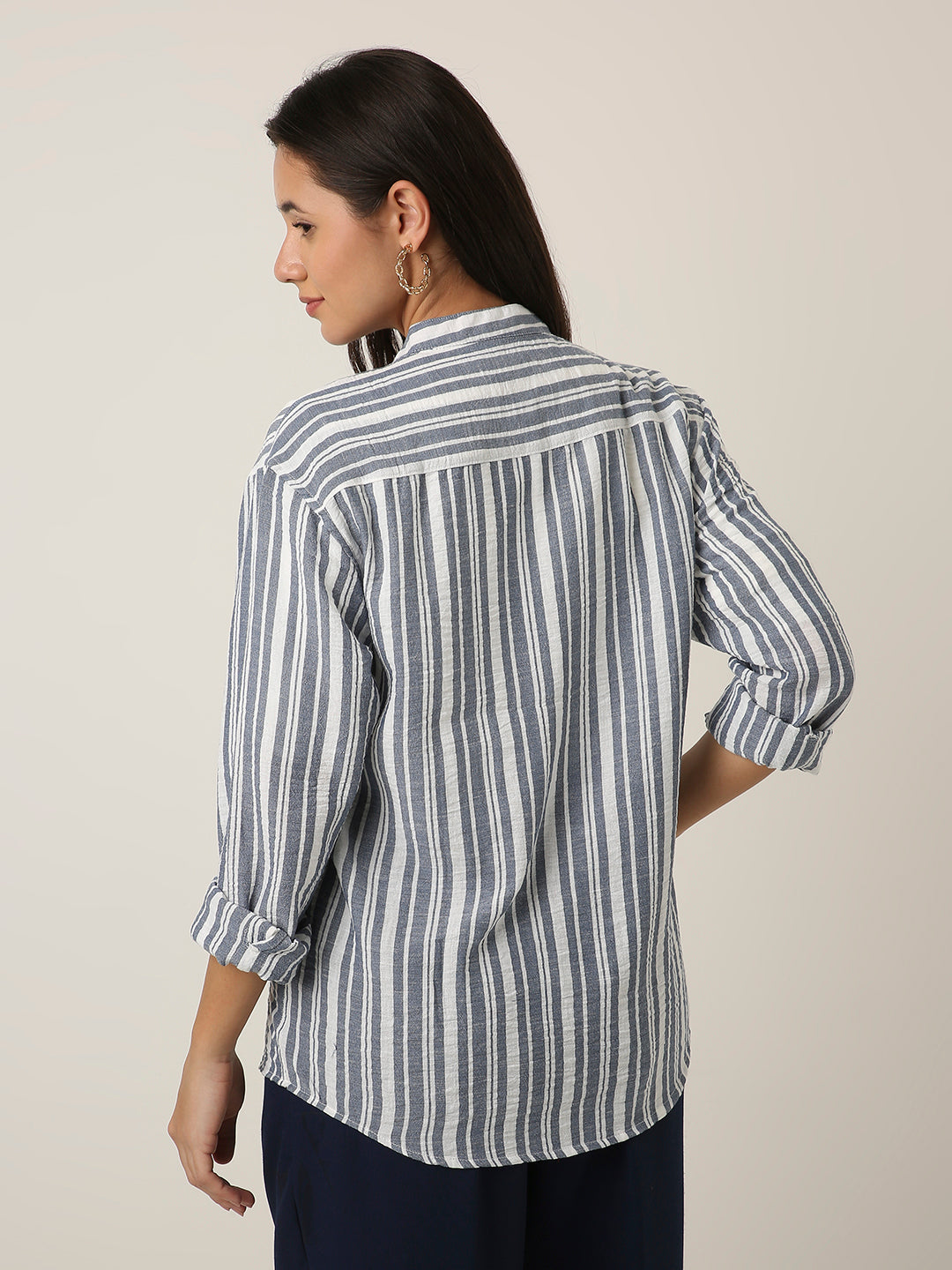 Blue Striped Mandarin Collar Shirt