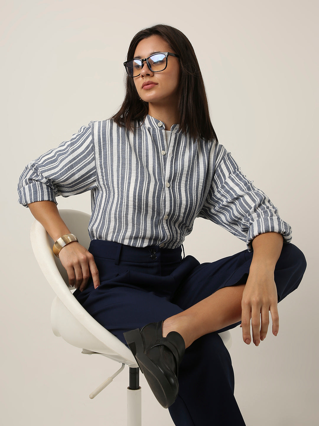 Blue Striped Mandarin Collar Shirt