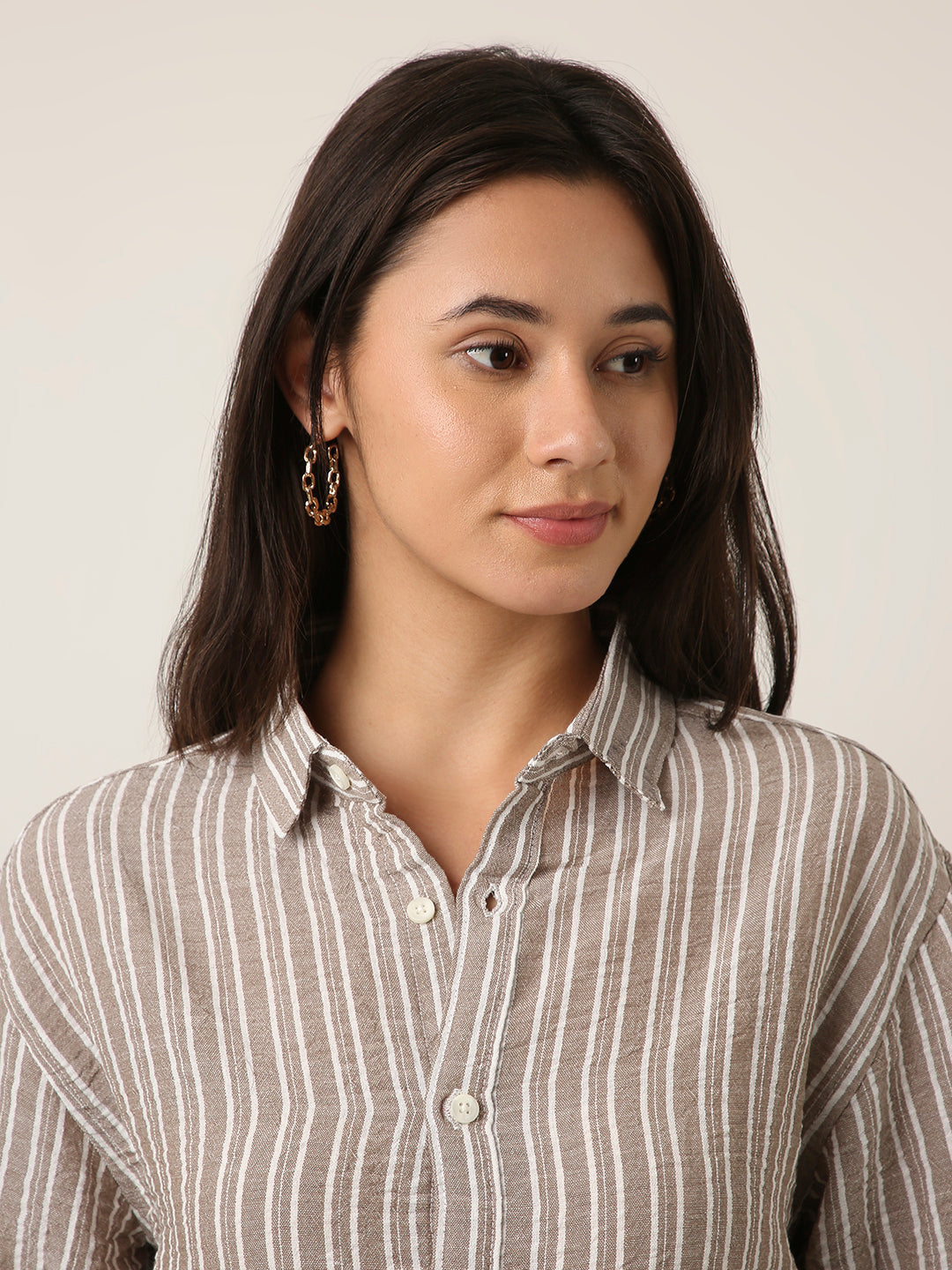 Beige Striped Classic Collar Shirt