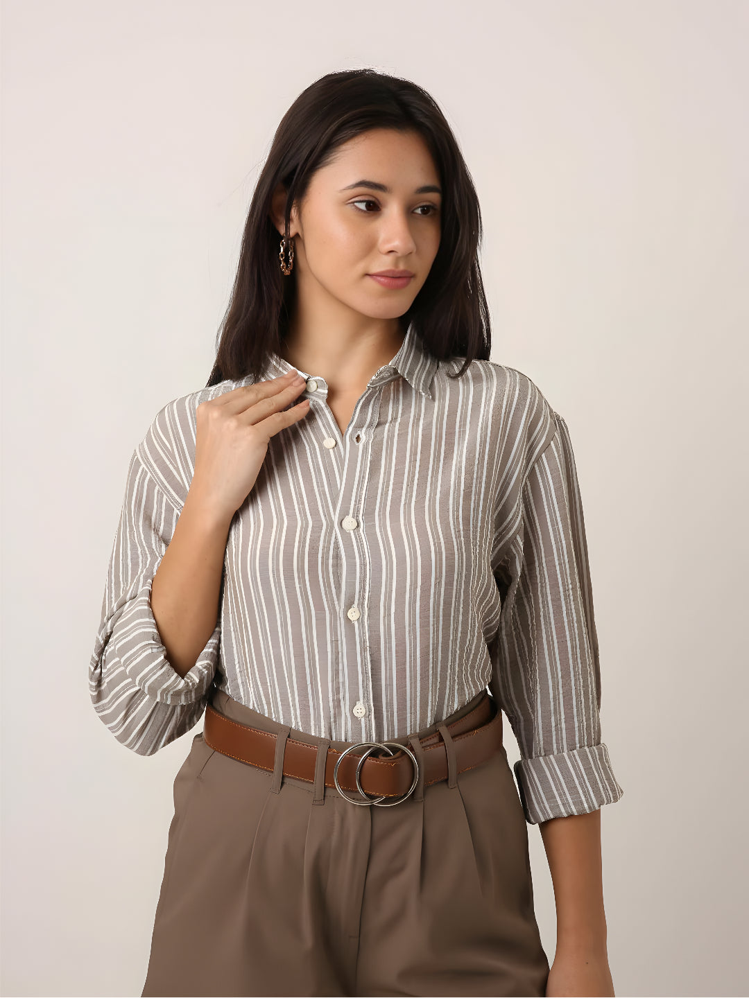 Beige Striped Classic Collar Shirt