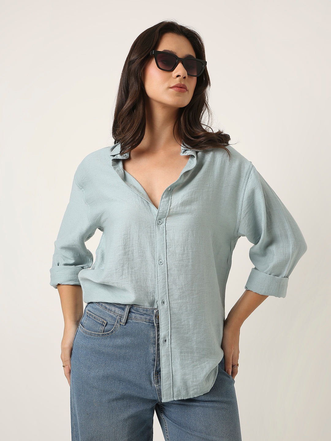 Blue Solid Casual Linen blend Shirt