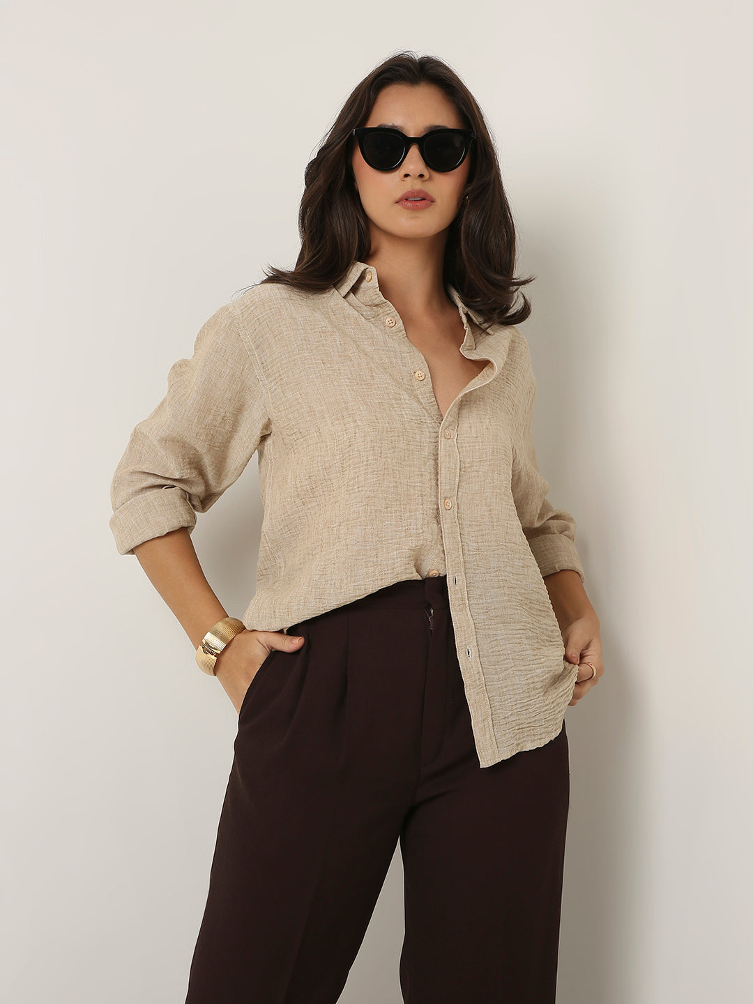 Beige Textured Casual Shirt