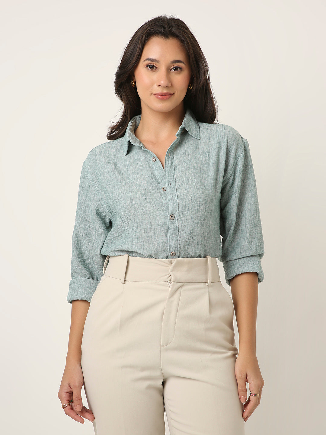 Green Textured Casual Shirt