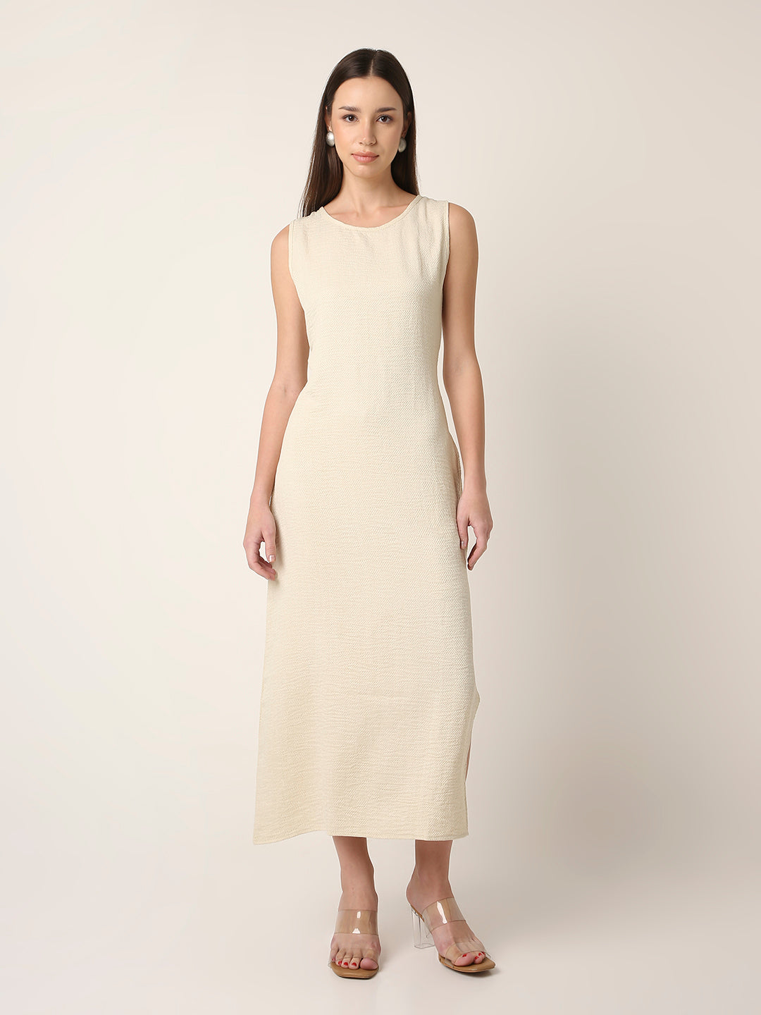 BEIGE MIDI DRESS WITH SIDE SLIT