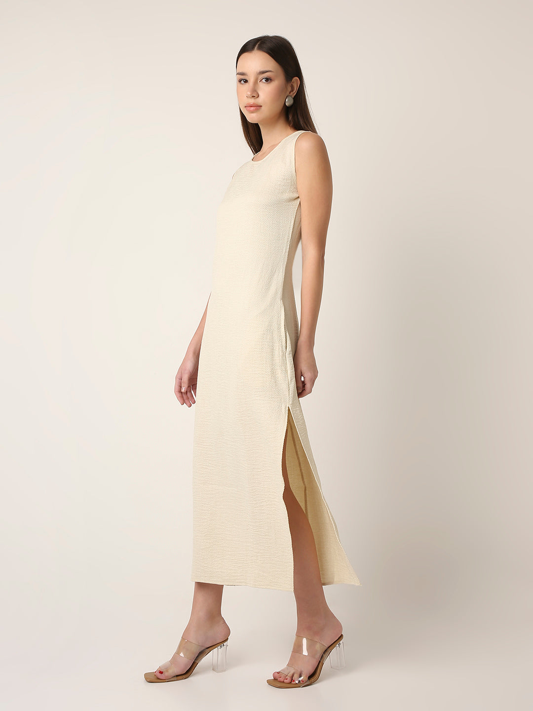 BEIGE MIDI DRESS WITH SIDE SLIT