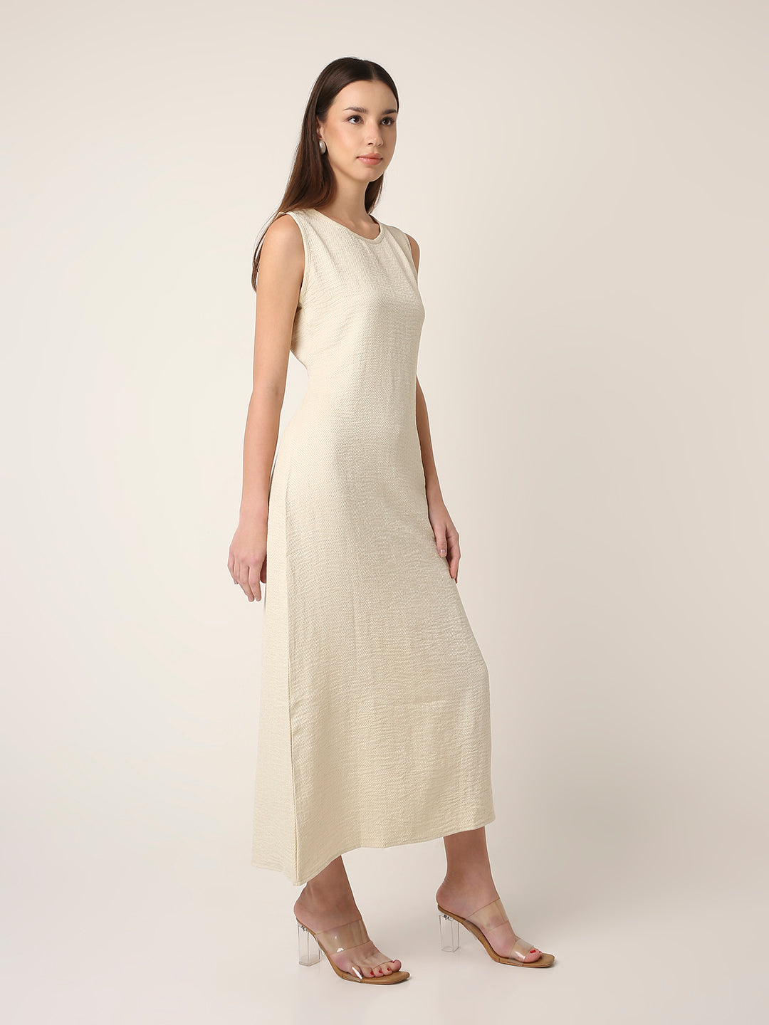 BEIGE MIDI DRESS WITH SIDE SLIT