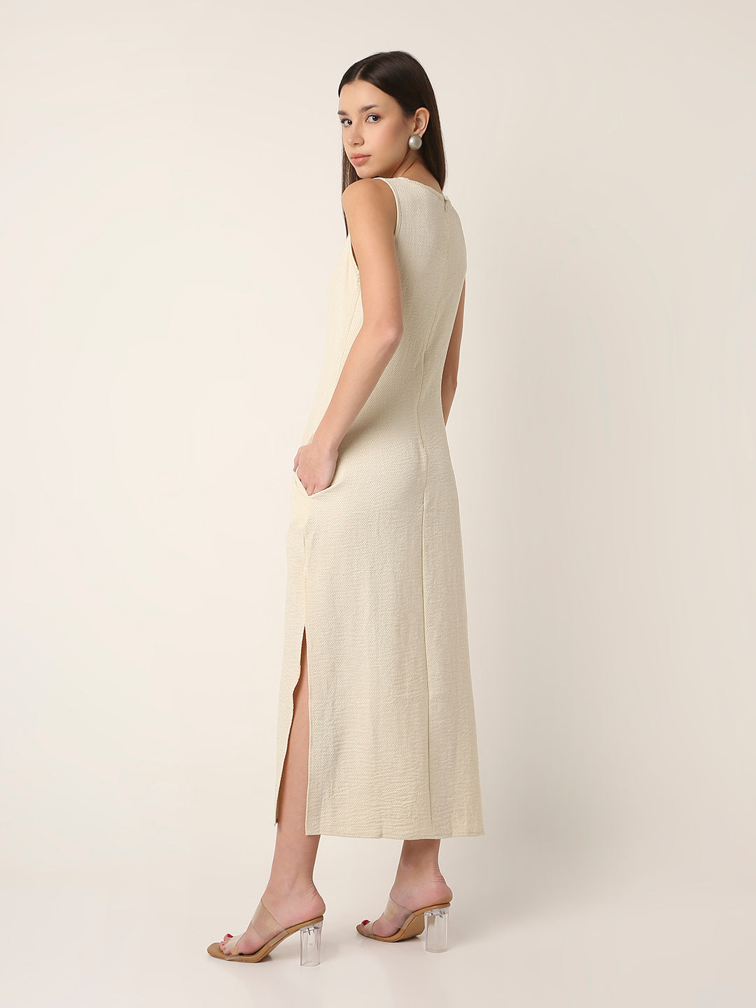 BEIGE MIDI DRESS WITH SIDE SLIT